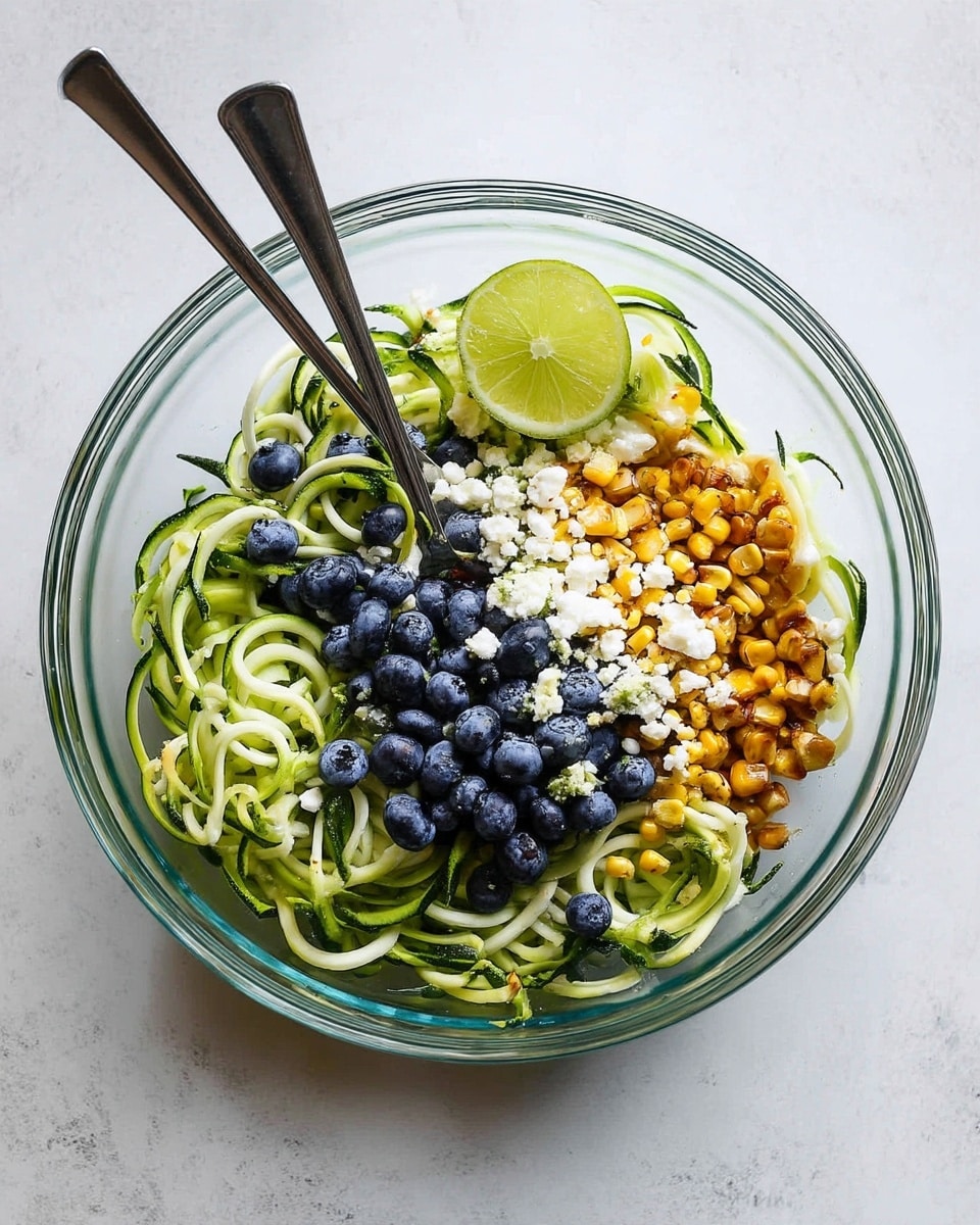 A clear glass bowl holds a fresh salad with three main visible layers: at the bottom, thin green spiralized zucchini noodles form a tangled, textured base; the middle layer features golden toasted corn kernels, adding a slightly charred, rough texture; the top layer is dotted with small, round blue blueberries and sprinkled with white crumbled cheese, adding bright pops of color and softness; a wedge of green lime is placed on one side. Two metal forks stand upright in the bowl. The bowl sits on a white marbled textured surface. Photo taken with an iphone --ar 4:5 --v 7