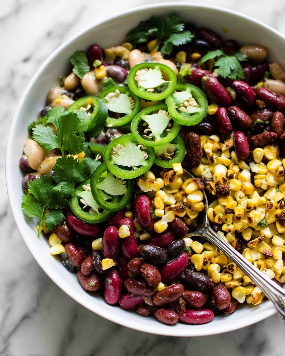 A close-up view of a bowl filled with a colorful mixed bean salad that has three layers: the base layer of dark red kidney beans, black beans, and white beans, the middle layer of roasted corn kernels with a slightly charred golden-yellow texture scattered evenly, and the top layer of sliced green jalapeños and fresh cilantro leaves adding bright green pops of color. The creamy dressing lightly coats the beans and corn, giving the dish a glossy look. A silver spoon is placed inside the bowl, which is white, and the background is a white marbled texture. Photo taken with an iphone --ar 4:5 --v 7
