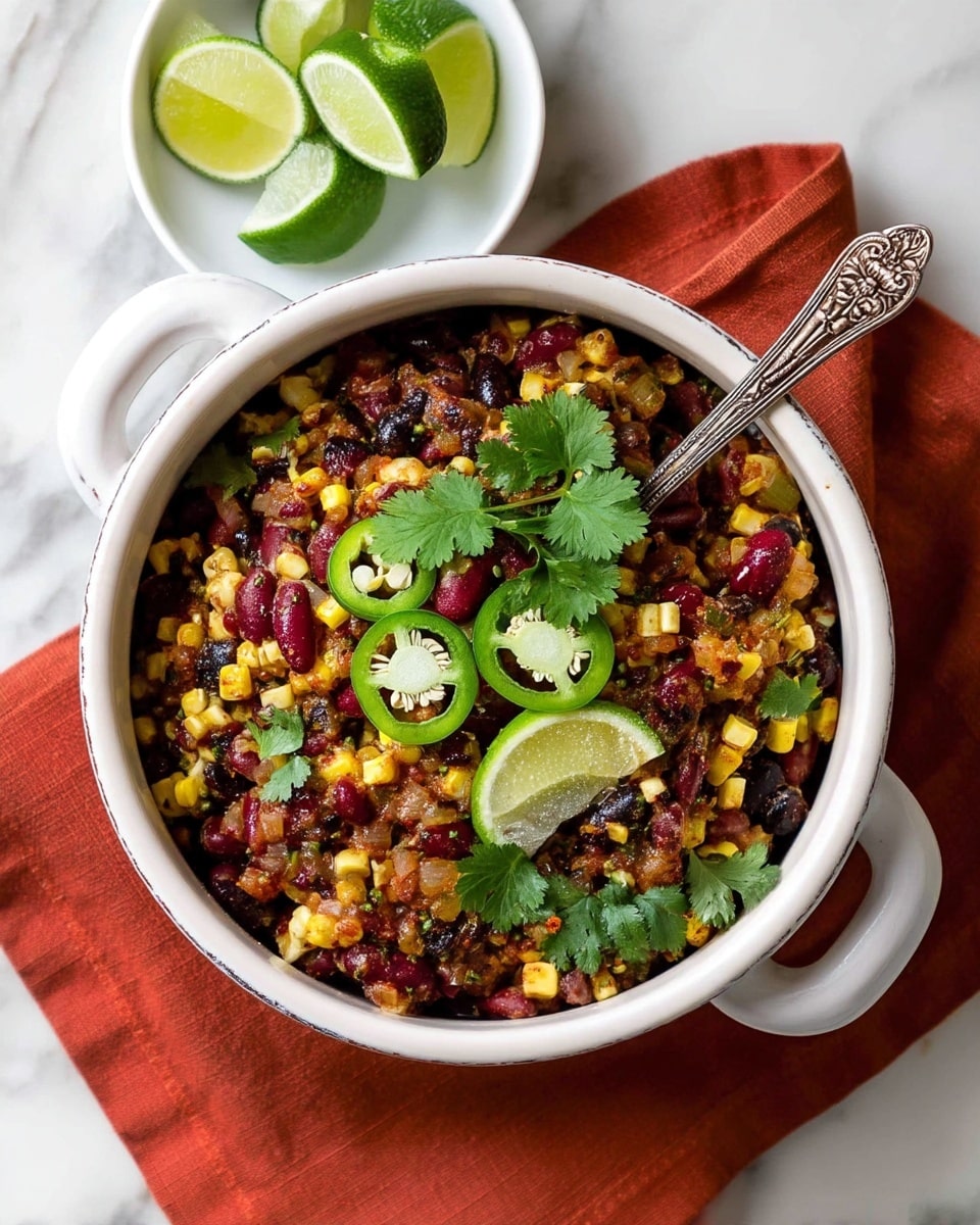 A bowl with two white handles holds a layered dish of mixed beans in red, black, and white colors combined with yellow grilled corn kernels, creating a textured mix. The dish is topped with slices of green jalapeño and fresh cilantro leaves spread around, along with two light green lime wedges on the right side. A metal spoon with a detailed handle is placed in the center, stirring the mixture. The bowl sits on a rust-colored cloth, all set on a white marbled surface. Half avocados and a small white plate with lime wedges are placed nearby as background elements. Photo taken with an iphone --ar 4:5 --v 7