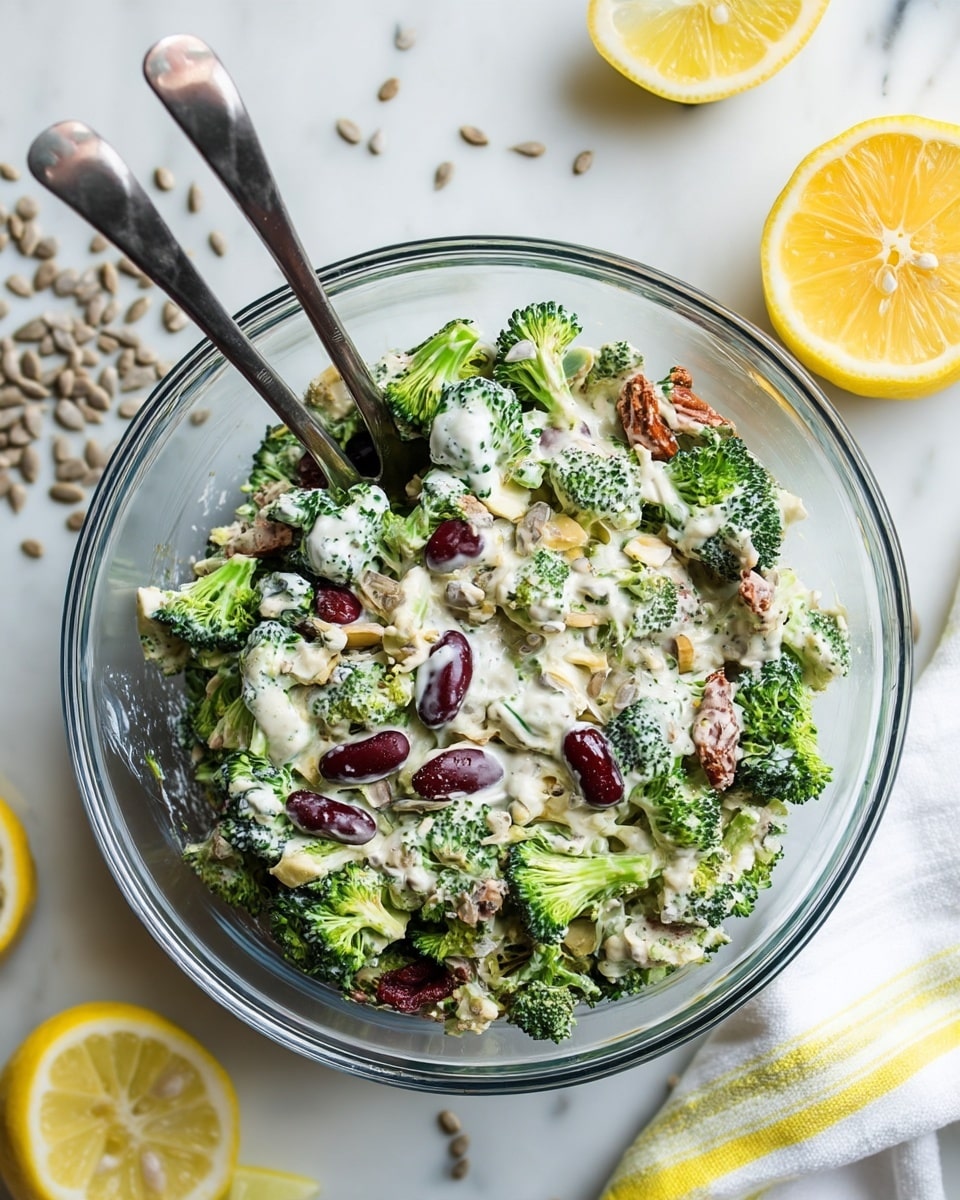 A clear glass bowl filled with a creamy broccoli salad showing multiple layers: small bright green broccoli florets mixed with deep red kidney beans, sun-dried tomatoes in a reddish-brown hue, and finely chopped light tan nuts or seeds, all coated in a thick white creamy dressing with flecks of herbs. Two metal spoons stand upright inside the bowl. Around the bowl are scattered sunflower seeds and lemon wedges on a white marbled surface, along with a white cloth with yellow stripes at the bottom right corner. Photo taken with an iphone --ar 4:5 --v 7