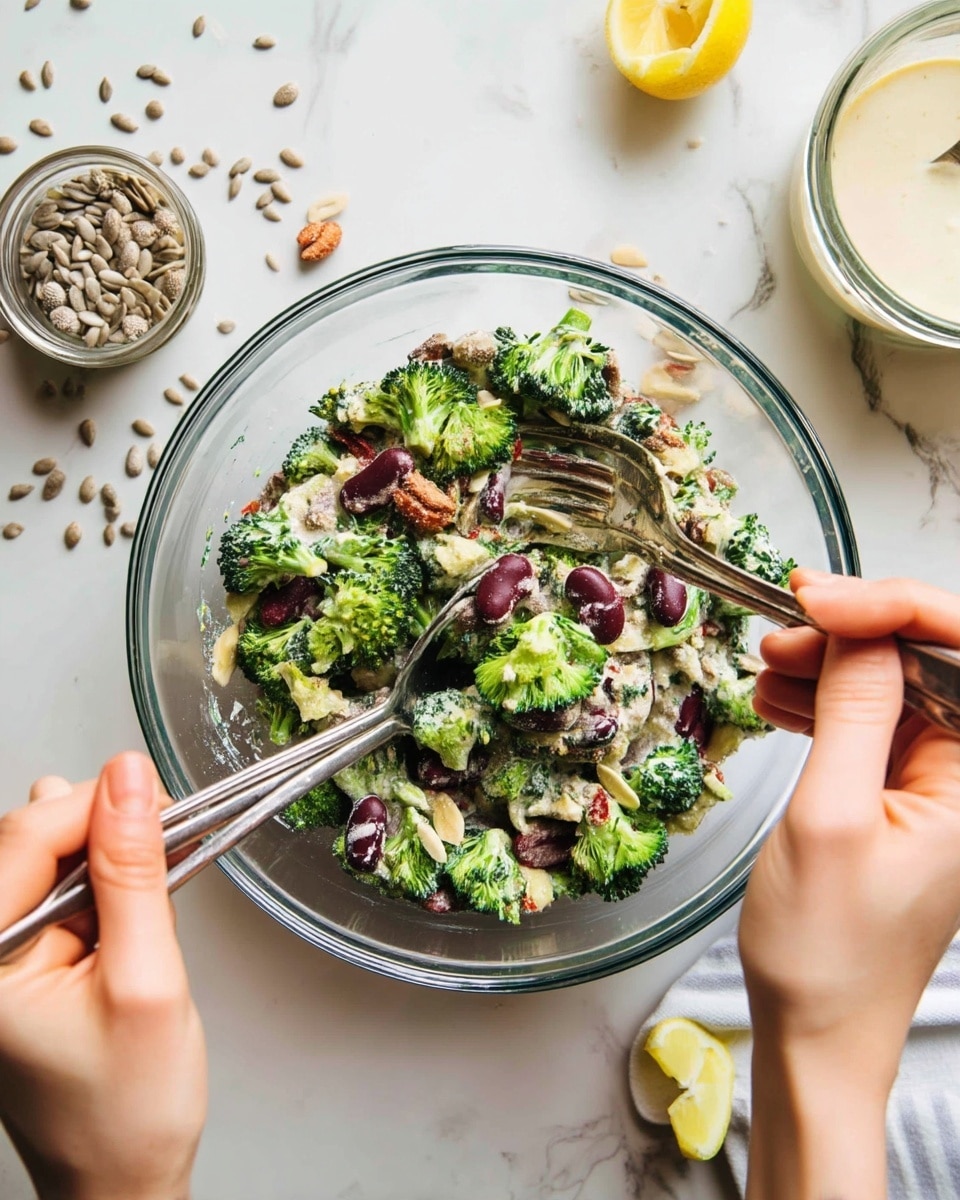 A clear glass bowl filled with a mixed salad containing bright green broccoli florets, dark red kidney beans, small light tan nut pieces, and pale creamy dressing coating the ingredients. Two silver forks are mixing the salad in the bowl, held by a woman's hands. The bowl sits on a white marbled surface, with some sunflower seeds scattered nearby and a small jar filled with seeds beside it. A lemon wedge is partially visible on the edge of the frame. photo taken with an iphone --ar 4:5 --v 7