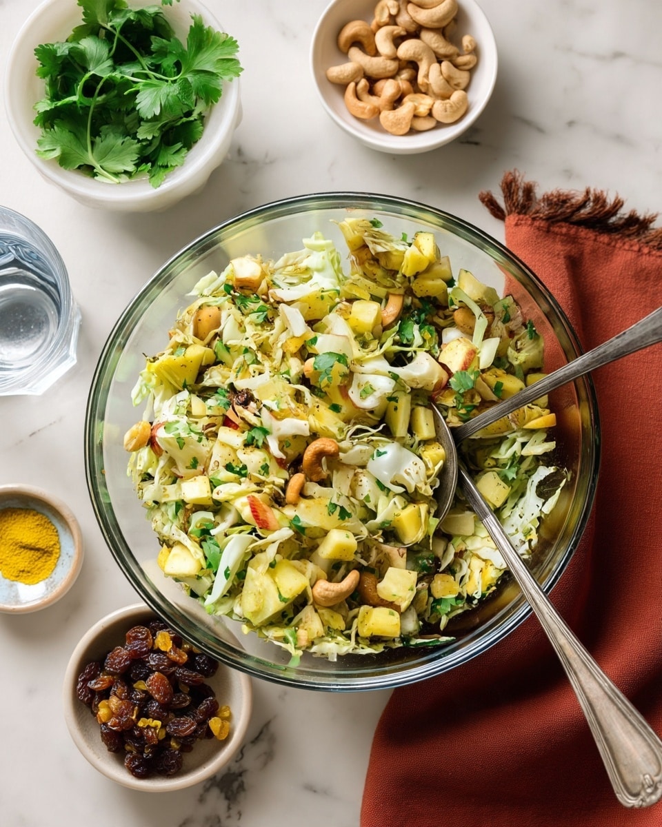 A clear glass bowl filled with a mixed salad consisting of roughly chopped light green cabbage leaves, chunky pale yellow apple pieces with red skin, light brown cashew nuts, and chopped fresh green herbs. Two silver spoons are placed inside the bowl, partially submerged in the salad. The bowl rests on a white marbled surface with a folded rust-colored cloth nearby. Around it, there is a small white bowl displaying dark golden and brown raisins, a tiny white dish containing yellow spice powder, and a small white bowl of cashews. A white bowl with fresh green herb leaves and a clear glass of water are also visible near the top left corner. The colors are natural and fresh, showing a bright and textured mix. Photo taken with an iphone --ar 4:5 --v 7