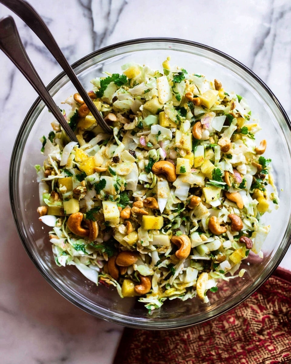 A clear glass bowl filled with a mixed salad showing a variety of chopped layers including white cabbage, green herbs, small yellow fruit pieces, and golden-brown cashew nuts scattered throughout. The salad has a textured and fresh look with visible bits of leafy greens and diced ingredients. Two dark metal forks are placed inside the bowl, standing upright. The bowl sits on a white marbled surface with a brown patterned cloth partially seen at the bottom right. Photo taken with an iphone --ar 4:5 --v 7