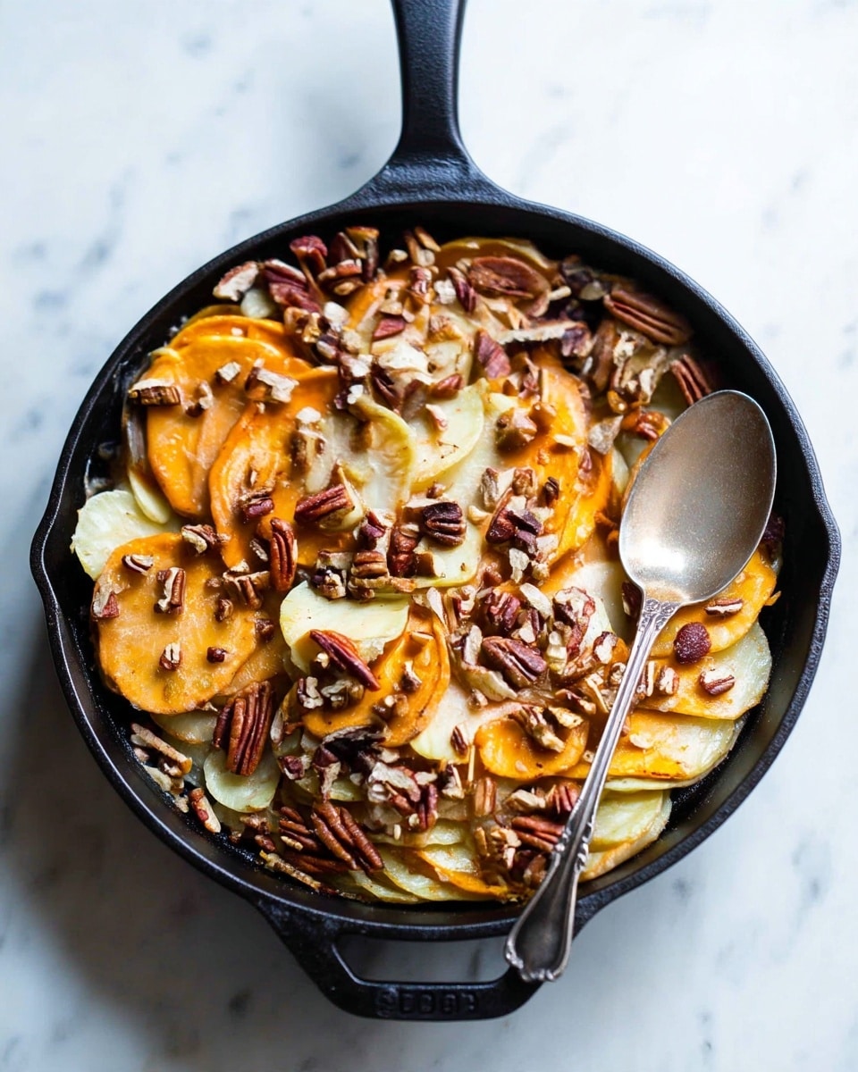 The dish is in a black cast iron pan showing thinly sliced layers of orange sweet potatoes and pale yellow potatoes arranged in a slightly overlapping circular pattern. Scattered on top are small pieces of brown, crunchy pecans adding texture and color contrast. A silver spoon rests inside the pan, partially scooping some of the layered potatoes. The scene is set on a white marbled surface that highlights the dish's warm, earthy tones. Photo taken with an iphone --ar 4:5 --v 7