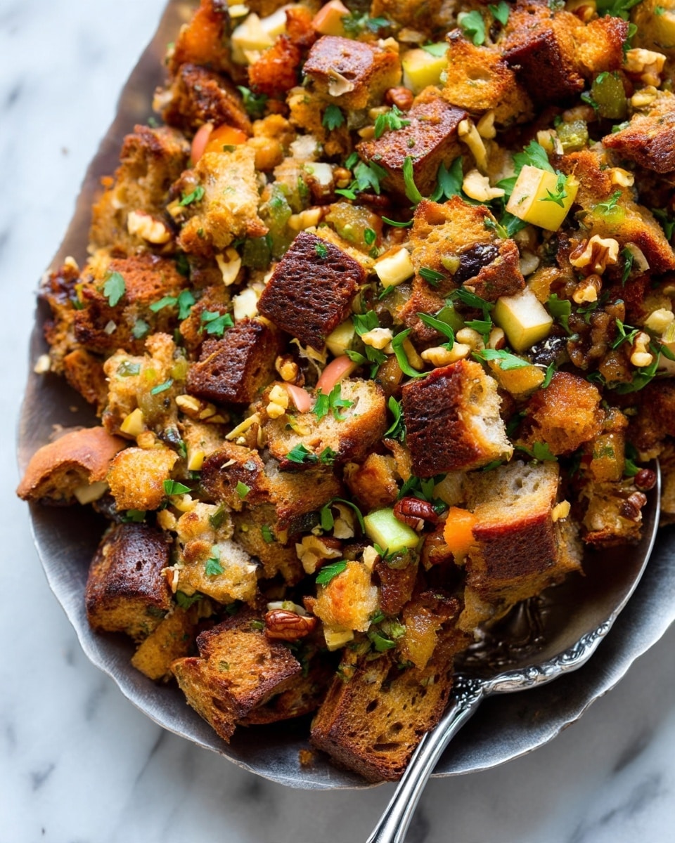 This close-up image shows a crumbly mixture of toasted bread chunks, golden-brown and crispy on the outside, mixed with small pieces of diced light yellow fruit and finely chopped green herbs sprinkled evenly on top. The bread pieces have a rough, crunchy texture with some darker toasted edges, while the fruit bits look soft and juicy. The dish is served on a white marbled surface with a shiny silver spoon resting on the right side, partly buried under the mix, and a small part of a blue tray is visible at the bottom right corner. photo taken with an iphone --ar 4:5 --v 7