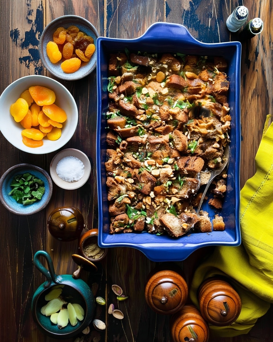 A blue rectangular baking dish holds a baked bread stuffing with about three layers visible: the top layer is crispy, golden brown toasted bread chunks mixed with chopped green herbs and small pieces of nuts, the middle layer contains softer bread mixed with cooked translucent onions and darker spices, and the bottom layer is dense and moist. To the left of the baking dish are four small white bowls with different ingredients: bright orange dried apricots, dark golden raisins, chopped green herbs, and coarse salt. A silver serving spoon rests inside the dish. The scene is set on a white marbled texture with a yellow cloth on the right and small ceramic containers with spices and slices of garlic near the lower left corner. Photo taken with an iphone --ar 4:5 --v 7