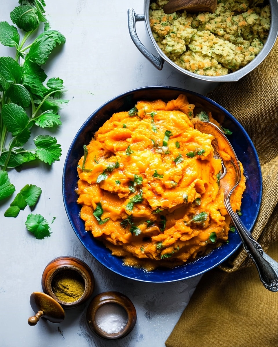 A deep blue bowl filled with a thick layer of bright orange mashed sweet potatoes, topped with small bits of fresh green herbs scattered on the surface. A silver spoon rests inside the bowl, partially covered by the mash. Below the bowl are two small round wooden containers, one with a yellow spice and the other with coarse white salt, both with lids removed. To the right, part of a silver pot filled with a crumbly, golden-brown mixture is visible with another spoon inside. The whole setup is placed on a white marbled surface with a mustard yellow cloth in the top right corner and fresh green herb leaves spread casually on the top left. photo taken with an iphone --ar 4:5 --v 7