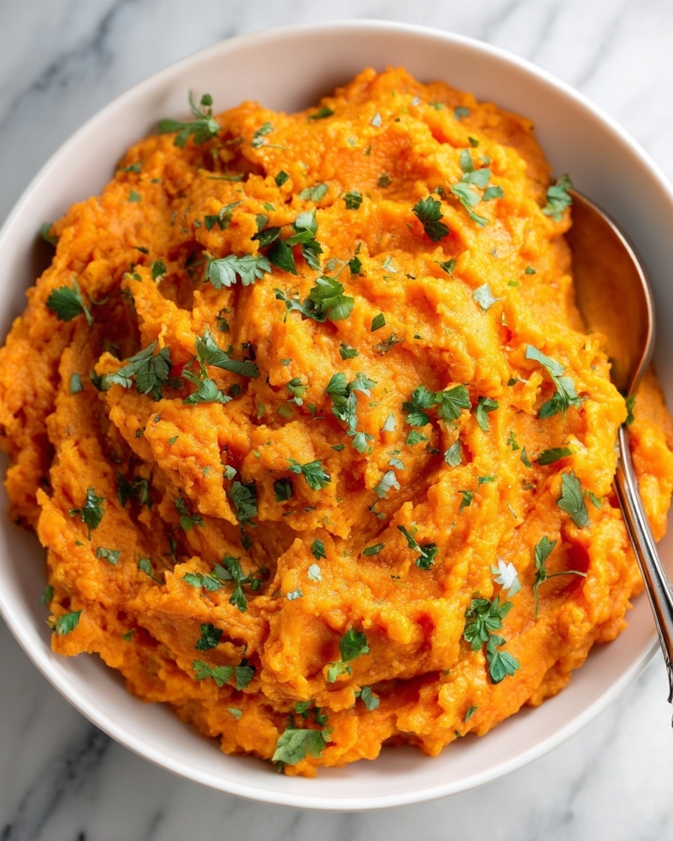 A close-up of a single thick layer of bright orange mashed sweet potatoes with a slightly chunky and creamy texture, served in a white bowl with a blue speckled rim. The orange mash is sprinkled with small pieces of fresh green herbs scattered unevenly on top, adding a fresh color contrast. A dark metal spoon is partially visible on the right side of the bowl, resting inside the mashed potatoes. The bowl sits on a white marbled surface. photo taken with an iphone --ar 4:5 --v 7