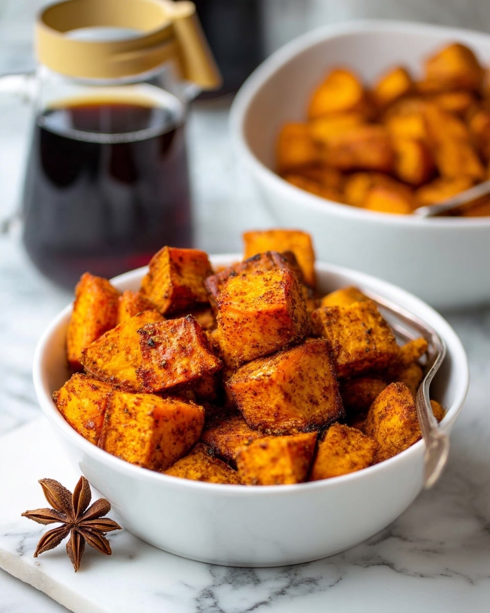 A white bowl filled with many small, cubed pieces of roasted sweet potatoes, showing a rich orange color with a slightly charred, brownish coating, creating a textured and crispy look. The bowl is placed on a white marbled surface, and a silver fork is resting on the edge of the bowl. In the blurred background, there is a second bowl with similar roasted sweet potatoes and a dark glass jar with a silver top. A cinnamon stick is also placed on the surface near the bowls. The lighting highlights the warm colors and crispy texture of the sweet potatoes. photo taken with an iphone --ar 4:5 --v 7