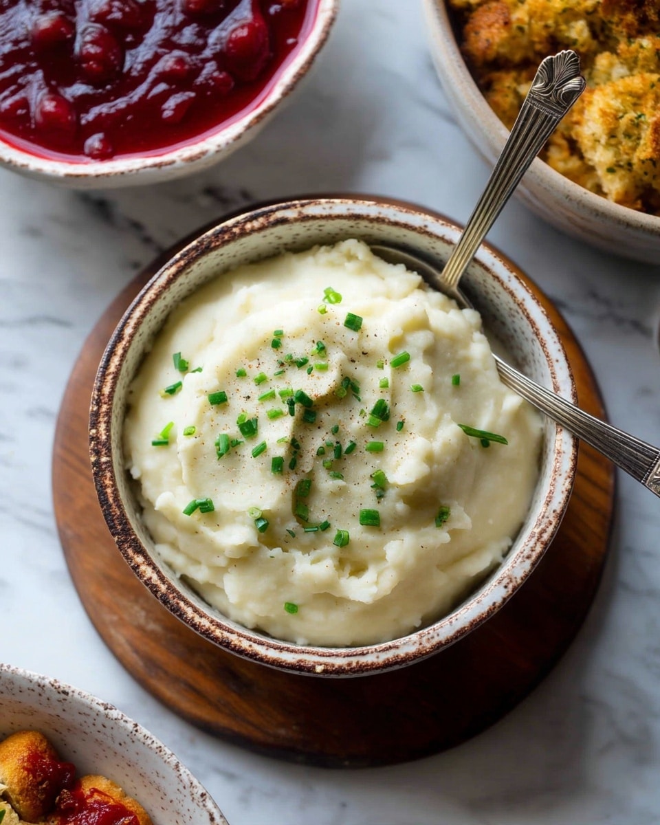 A close-up image of a bowl filled with creamy mashed potatoes topped with small green chive pieces, the potatoes are smooth with slight texture, and a silver spoon rests inside the bowl. The bowl is brown with a rustic, uneven edge and is placed on a wooden board. Around it, there is a small bowl of dark red cranberry sauce and a bowl of golden-brown stuffing pieces. The setting is on a white marbled textured table with a beige cloth nearby. Photo taken with an iphone --ar 4:5 --v 7
