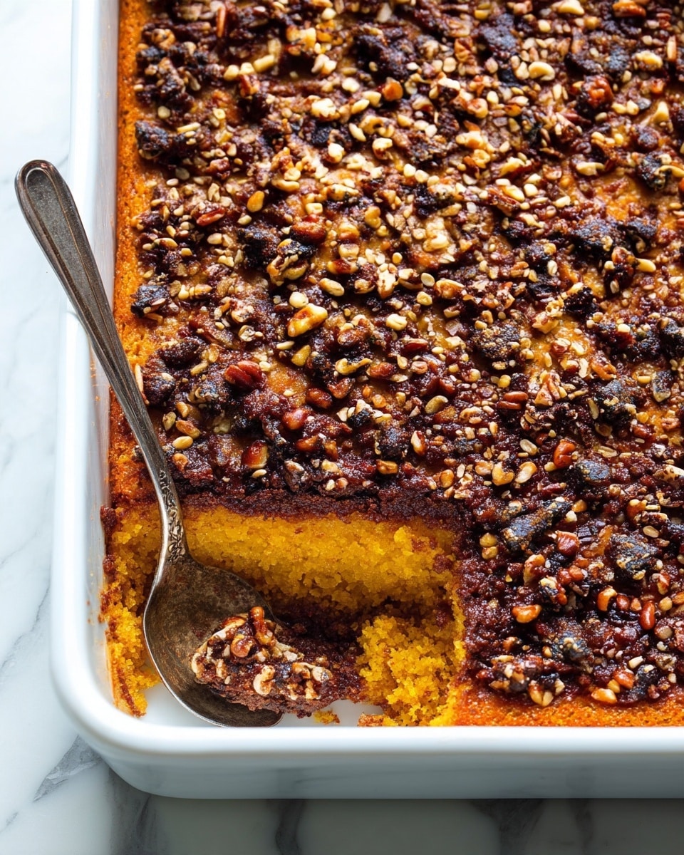 The image shows a baked dish with two clear layers. The bottom layer is soft and orange-yellow, smooth in texture, suggesting a cooked sweet potato or similar base. The top layer is thick and chunky, made up of a mixture of chopped nuts and dark brown crumbly bits, giving it a rough and crunchy look. The dish is in a white baking pan, with a spoon scooping out a portion from the bottom left corner, revealing the soft layer underneath and some crumbs around the spoon. The background is a white marbled texture with a crocheted white cloth partially visible under the pan. Photo taken with an iphone --ar 4:5 --v 7