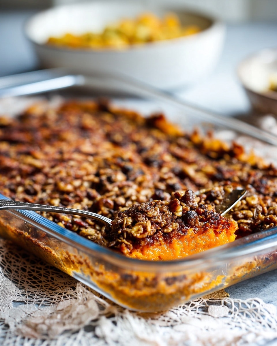 A baked dish in a clear glass rectangular pan shows three visible layers: the bottom layer is a rich, dark brown meat sauce, the middle layer is a pale orange with a soft texture, likely mashed sweet potatoes or similar, and the top layer is a thick, crumbly, toasted brown layer with nuts and grains creating a crunchy crust. A silver serving spoon with a detailed handle is partially buried in the bottom right corner of the pan. The pan is placed on a white marbled textured surface with a delicate beige lace cloth partially underneath. The background is softly blurred with warm natural lighting. Photo taken with an iphone --ar 4:5 --v 7