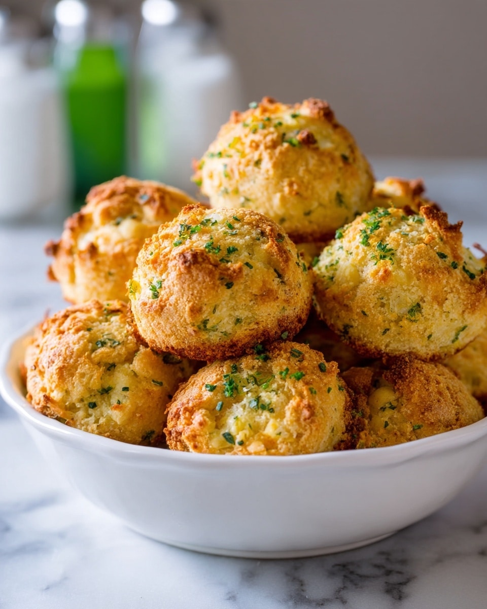 A white bowl filled with golden brown, lightly crumbed scones or biscuits that have a rough, textured surface showing small bits of herbs and cheese inside. The scones are piled on top of each other, with some sharp edges and crumbly tops clearly visible. The background is softly blurred with a white marbled texture beneath the bowl, giving a clean and fresh look. Photo taken with an iphone --ar 4:5 --v 7