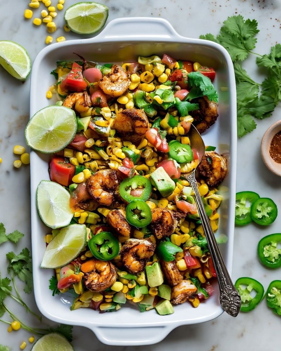 A white rectangular dish is filled with a colorful mix that has three main layers. The bottom layer is bright yellow corn kernels with some light grill marks, mixed evenly with small chunks of light green avocado and pink-red diced tomatoes. The middle layer has charred shrimp pieces, dark orange with a grilled texture, scattered across the dish. The top layer has fresh green jalapeño slices and green cilantro leaves placed evenly over the shrimp and vegetables. Lime wedges sit on one side, adding a fresh light green contrast. A silver spoon rests inside the dish on the right side, partially covered by the salad. The dish is on a white marbled surface with small bowls and lime slices around. Photo taken with an iphone --ar 4:5 --v 7