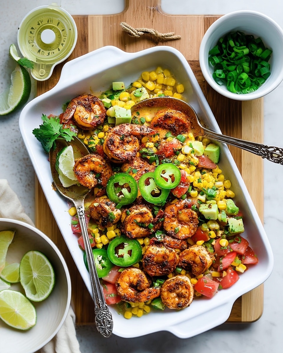 A white rectangular dish holds a colorful salad with three visible layers: at the bottom, light green diced avocado and red diced tomatoes; in the middle, bright yellow grilled corn; on top, golden brown grilled shrimp and bright green jalapeño slices, sprinkled with chopped green herbs and cilantro leaves. Lime wedges are placed on one side inside the dish. A silver spoon rests inside the dish on the right side. Surrounding the dish on a white marbled surface are lime wedges, a wooden citrus juicer, a small white bowl with chopped green onions, a bowl of yellow corn, and a small bowl with reddish-brown spice. photo taken with an iphone --ar 4:5 --v 7