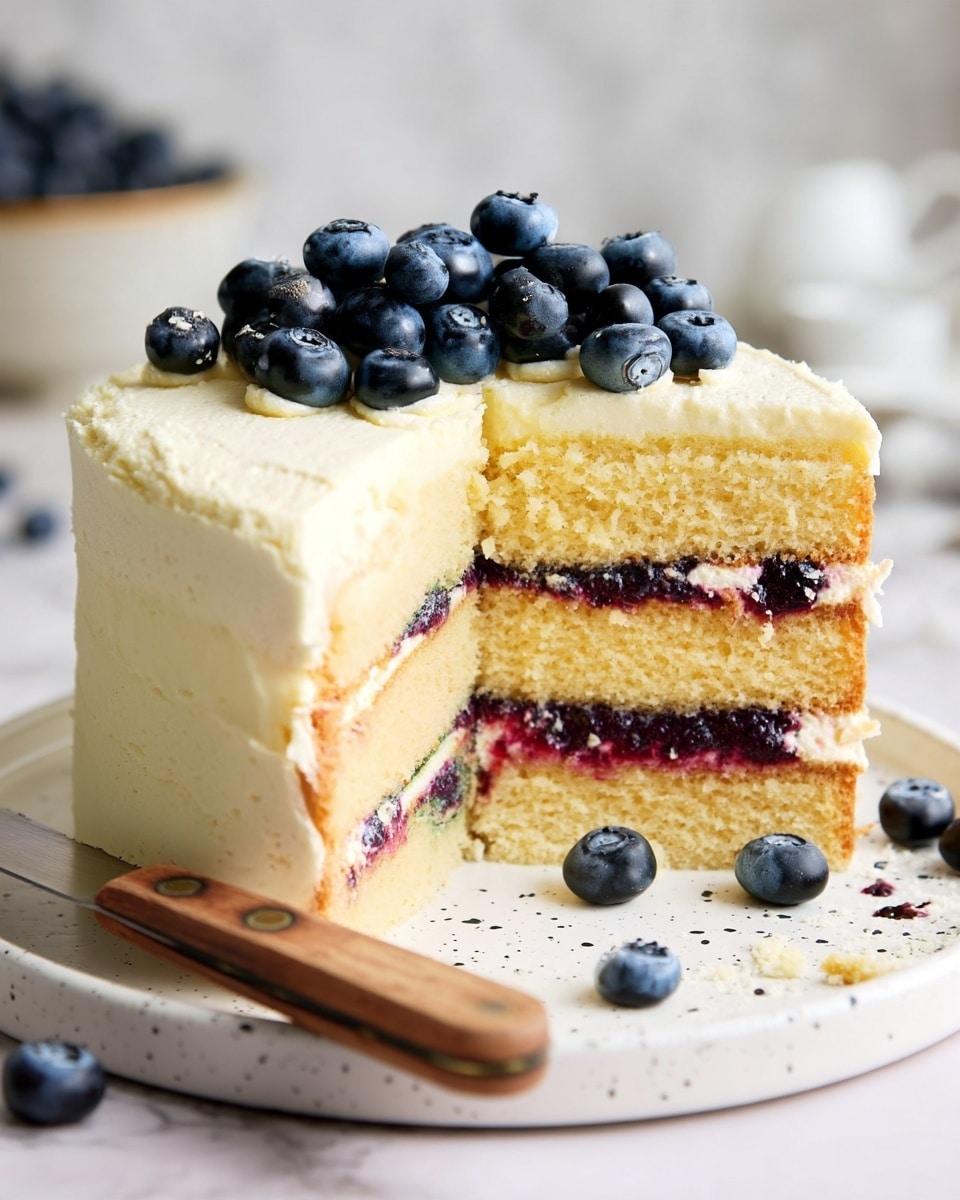 A two-layer light yellow cake with a smooth cream frosting covering the top and sides, topped with a small pile of fresh dark blue blueberries at the center. Between the two cake layers is a thin layer of cream and visible blueberries mixed with a red jam-like filling. The cake sits on a white speckled plate with a silver spatula with a wooden handle placed next to it; the spatula has a couple of blueberries on and near it. The background features a white marbled texture. Photo taken with an iphone --ar 4:5 --v 7