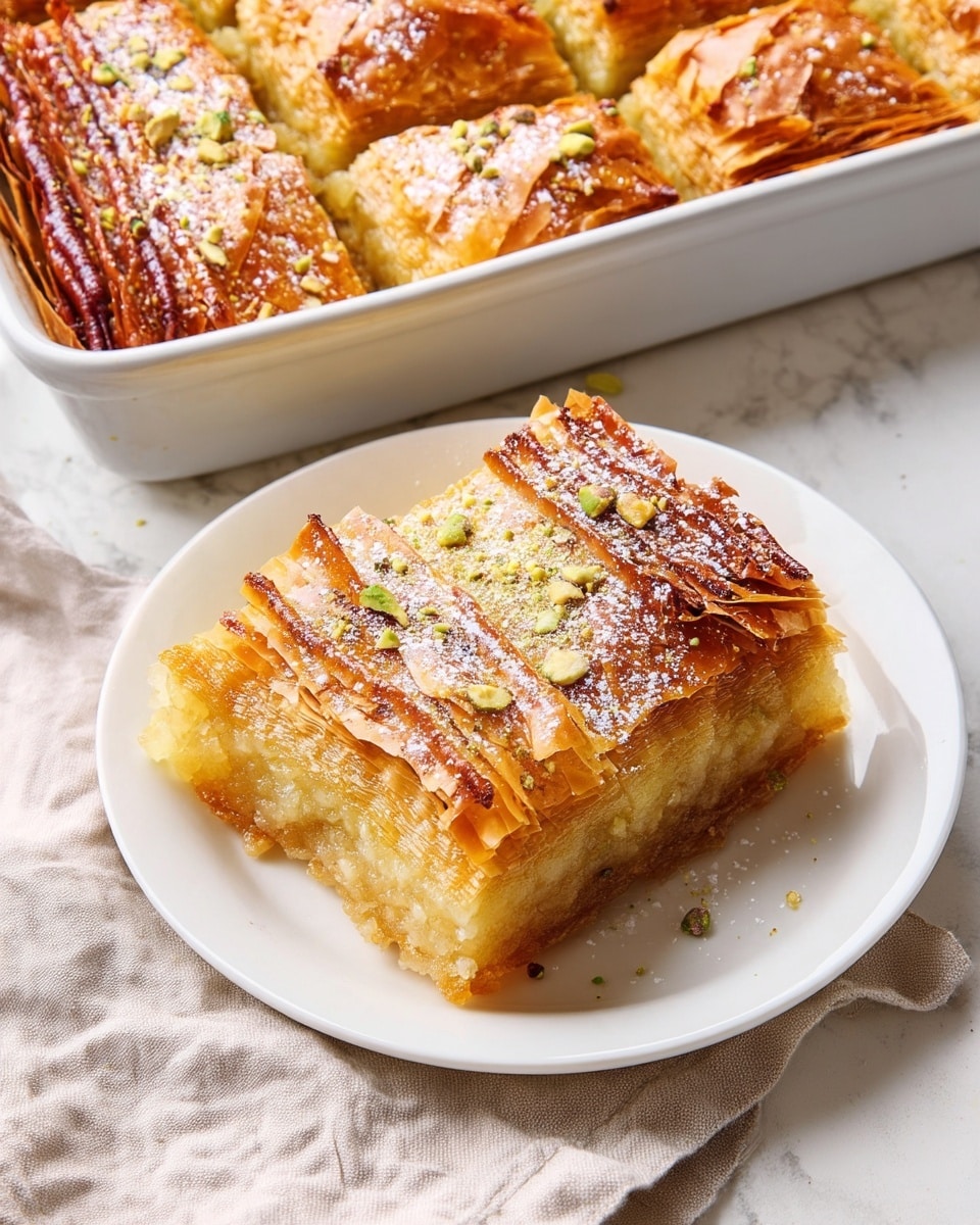 A piece of golden brown layered pastry with a crispy, flaky top layer visible on a white plate, dusted with white powdered sugar and small green pistachio bits. The pastry has many thin, slightly curled layers stacked evenly, showing a creamy, soft inner filling beneath the crispy surface. The edges are darker with a caramelized texture. Next to the plate is a white ceramic baking dish holding the remaining pastry, showcasing the same multiple thin layers with a glossy finish. The setting is on a white marbled surface, with a light beige cloth napkin nearby. Photo taken with an iphone --ar 4:5 --v 7