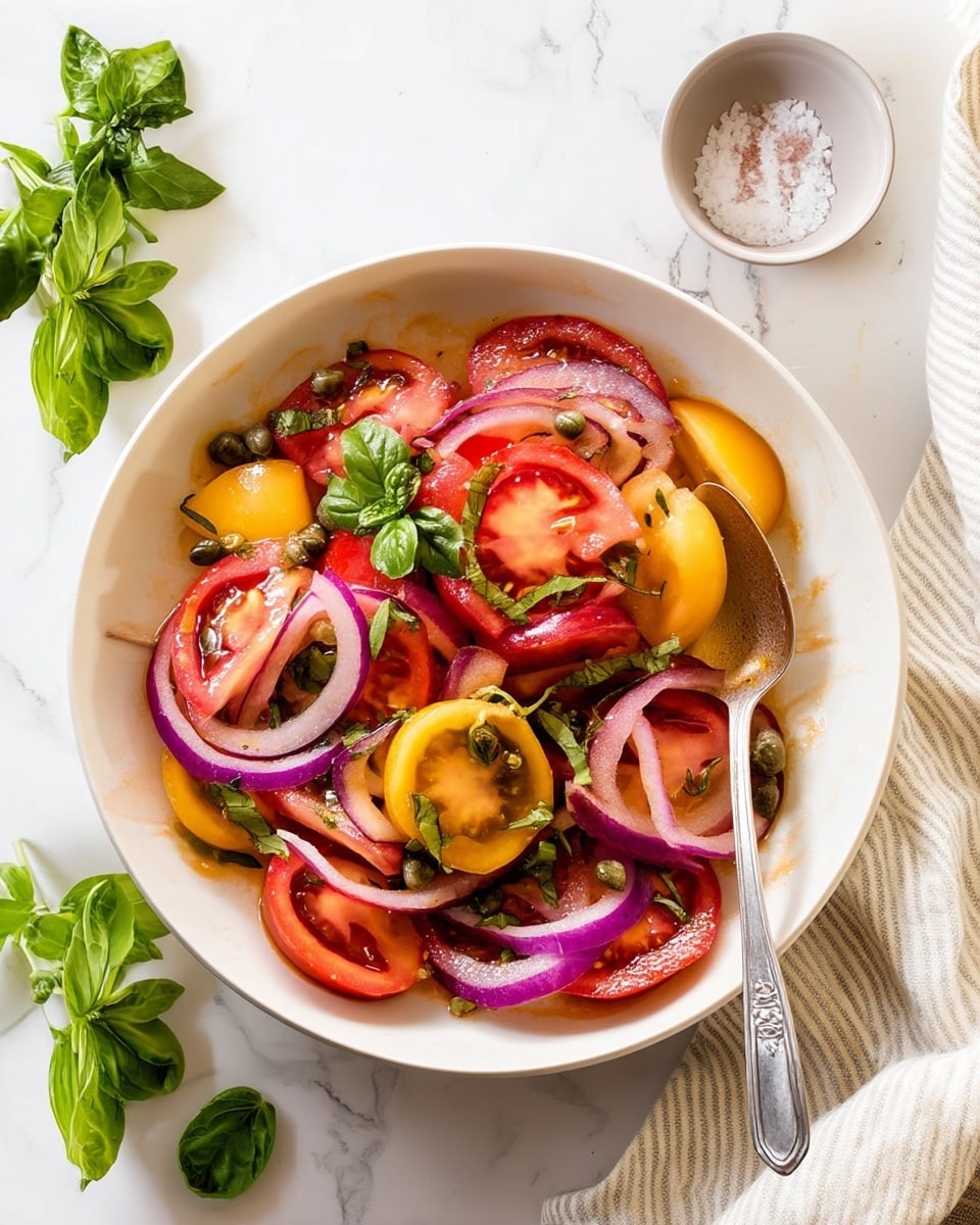 The image shows a fresh salad in a white bowl on a white marbled surface. The salad has three main layers: the base is made of vibrant red and yellow tomato wedges with glossy, juicy textures, the middle layer has thin slices of purple-red onion adding sharp contrast, and the top layer has small green basil leaf strips and capers scattered throughout, giving a fresh and herby look. A silver spoon is partially immersed on the right side, mixing into the colorful salad. photo taken with an iphone --ar 4:5 --v 7
