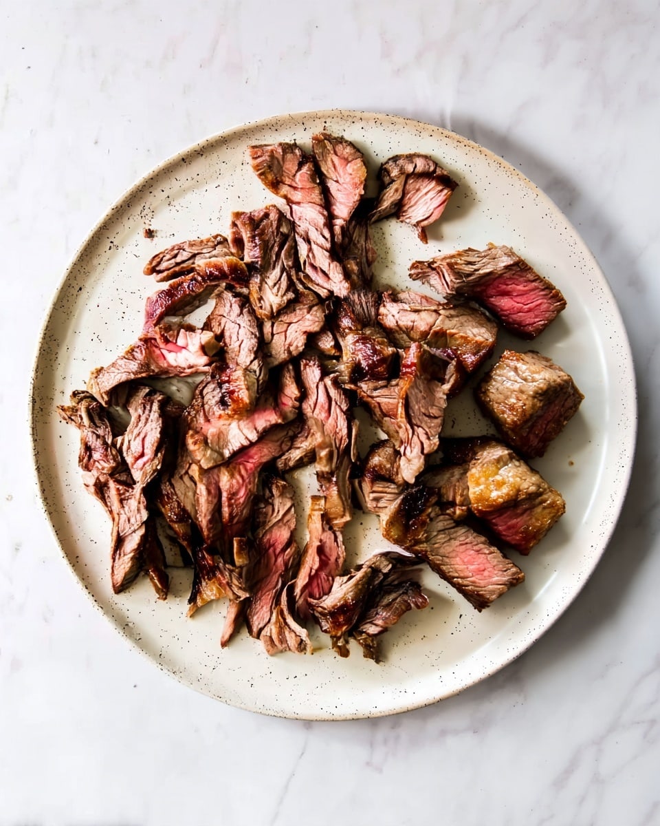 The image shows a white speckled plate filled with many pieces of thinly sliced cooked beef. The beef slices have a mix of brown and pink colors, indicating they are cooked medium rare, with a slightly charred texture on some edges. The slices are layered in a somewhat scattered pile, covering most of the plate's surface. The plate is set on a white marbled surface, visible around the edges. photo taken with an iphone --ar 4:5 --v 7