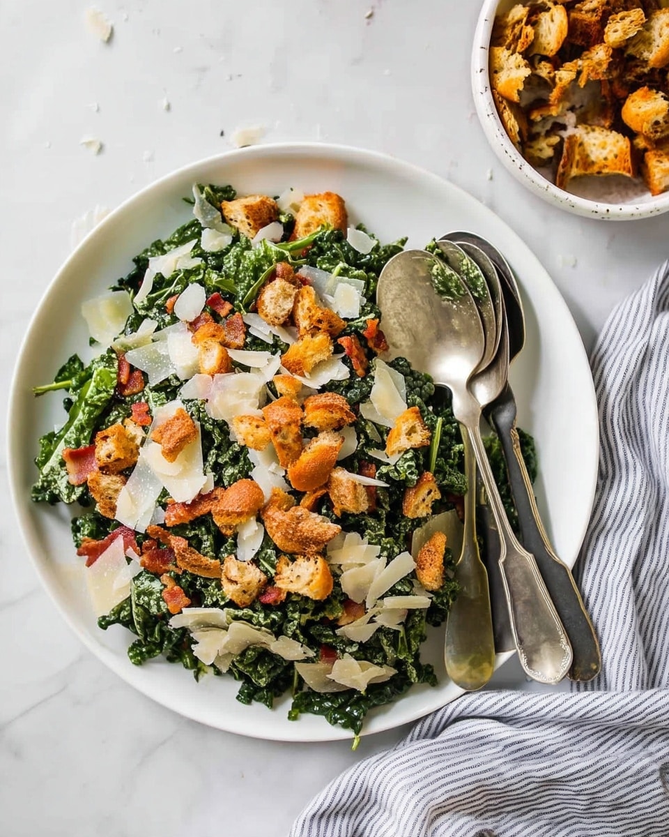 The image shows a white round plate filled with a leafy green salad made of dark green kale pieces spread evenly as the base layer. On top, there are irregular golden-brown croutons scattered across the salad. Thin, pale yellow cheese shavings are spread over the croutons and kale in a light, uneven layer. Small bits of red bacon pieces add small pops of color throughout the salad. A pair of tarnished silver spoons rests on the right side of the plate, partially sitting on the salad. The plate is set on a white marbled surface with a white bowl of extra cheese shavings and another white bowl with more croutons slightly visible in the background. A gray and white striped cloth lies at the bottom right corner. photo taken with an iphone --ar 4:5 --v 7
