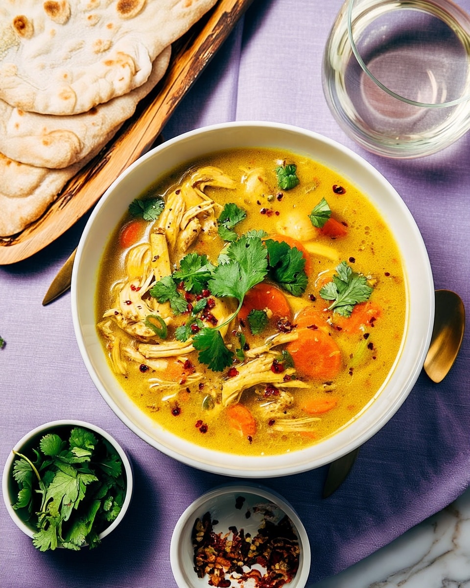 A white bowl filled with creamy yellow curry soup containing visible layers of shredded chicken and thick carrot slices, topped with fresh green cilantro leaves and small red chili flakes scattered around. The bowl is placed on a light purple cloth with a wooden tray holding folded flatbreads to the left. Nearby are two gold spoons, a glass of water, and two small white bowls, one filled with fresh cilantro and the other with red chili flakes. The background has a white marbled texture partly visible at the edges. Photo taken with an iphone --ar 4:5 --v 7