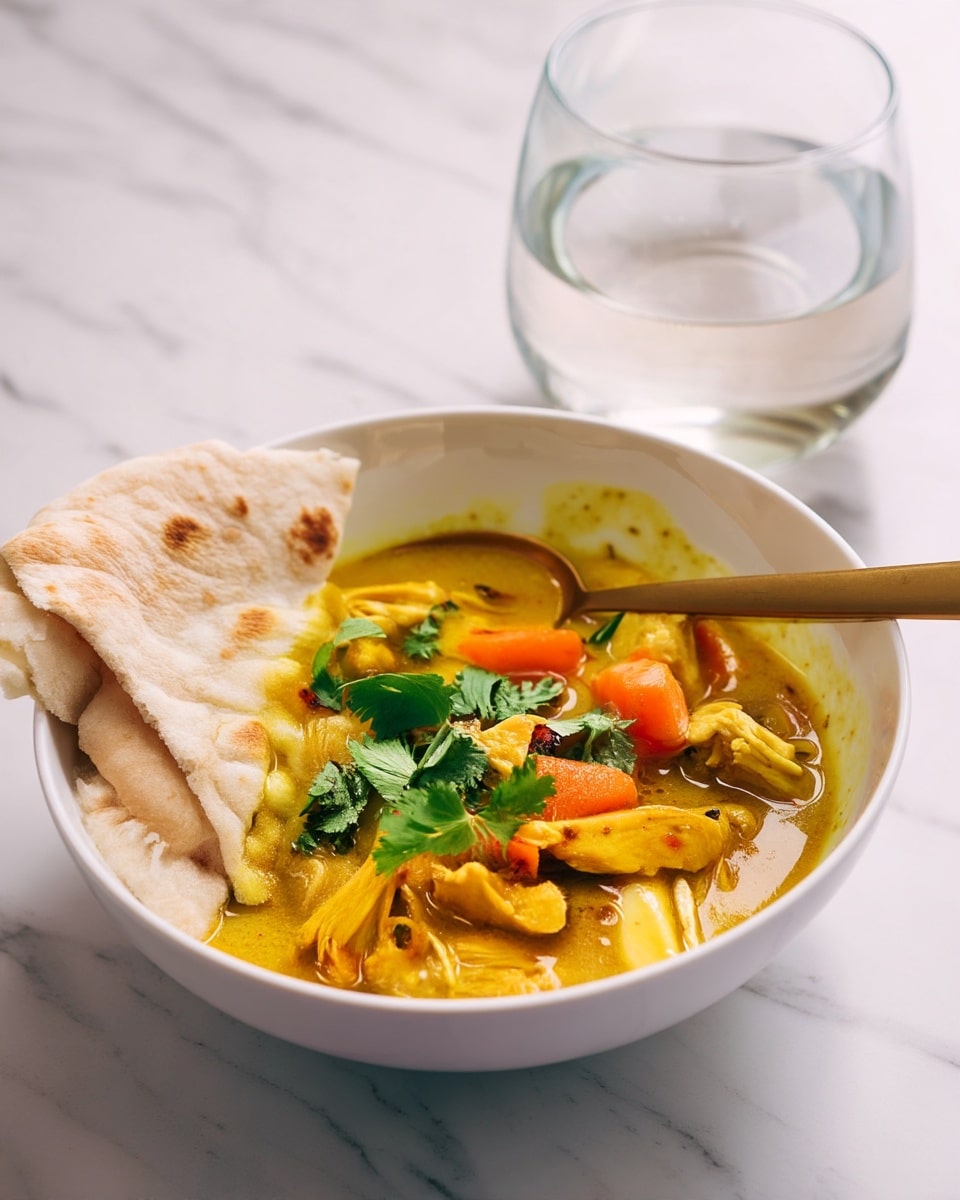 A white bowl filled with a yellow curry soup that has visible slices of orange carrots and chunky pieces of light brown chicken, topped with fresh green cilantro leaves. A piece of flatbread is placed inside the bowl on the left side, and a gold spoon rests inside the bowl on the right side, partially submerged in the curry. Behind the bowl is a clear glass filled with water, all set on a smooth white marbled surface. Photo taken with an iphone --ar 4:5 --v 7