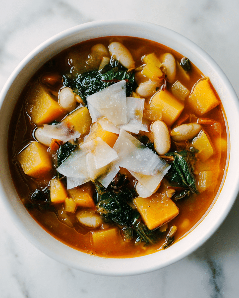 A close-up of a white bowl filled with a clear orange-brown broth soup containing chunks of yellow-orange squash, white beans, small pieces of translucent onion, and dark green leafy vegetables. On top of the soup, there are thin shavings of white cheese scattered unevenly. The soup looks warm and fresh, and the bowl sits on a white marbled surface. photo taken with an iphone --ar 4:5 --v 7