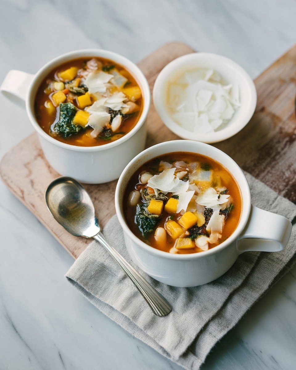 Two white cups filled with vegetable soup sit on a wooden board over a light gray cloth, placed on a white marbled surface. The soup has a warm orange broth with small pieces of yellow squash, white beans, leafy green vegetables, and some scattered thin white cheese slices on top. Next to the cups, a small white bowl holds more white cheese flakes, and a shiny silver spoon rests between the bowl and one of the cups. The scene has a cozy, simple feel with natural light. photo taken with an iphone --ar 4:5 --v 7