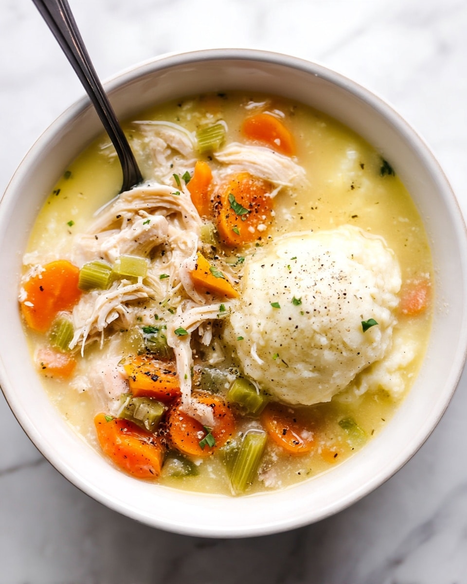 A white bowl filled with creamy chicken and vegetable soup, showing three main layers: at the bottom, a thick light yellow broth; on top of that, shredded chicken pieces mixed with chunks of bright orange carrots and small green celery pieces; on one side, a fluffy white dumpling sprinkled with black pepper and tiny green herbs. A silver spoon rests inside the bowl, partially submerged in the soup. The bowl is placed on a white marbled textured surface. photo taken with an iphone --ar 4:5 --v 7