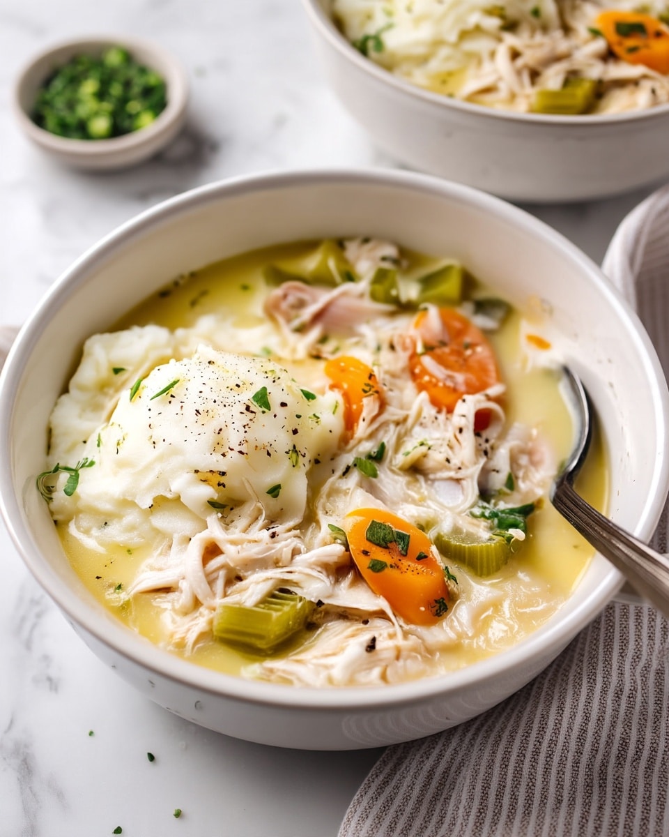 A white bowl filled with creamy chicken and vegetable soup, containing shredded white chicken pieces, slices of bright orange carrots, and chunks of light green celery, all in a pale yellow broth. On top, there is a large scoop of smooth, white mashed potatoes sprinkled with black pepper and small green herb bits. A silver spoon rests inside the bowl on the right side, and a soft gray-striped cloth is draped beside it, all set on a white marbled surface. In the background, there is a blurred second bowl and a small bowl with chopped green herbs. Photo taken with an iphone --ar 4:5 --v 7