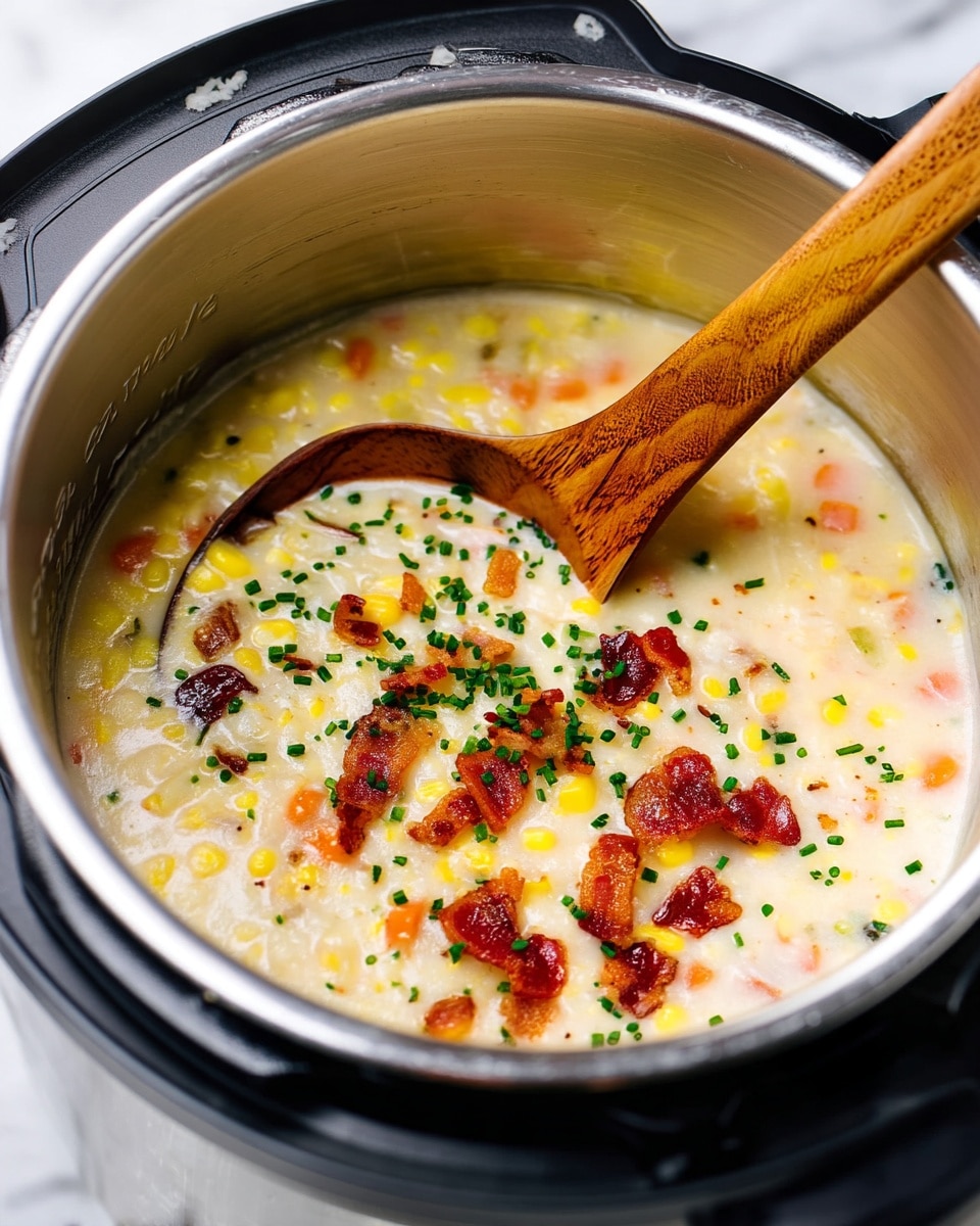 A close-up view of creamy corn chowder in a silver pot with a wooden spoon inside, the chowder shows a thick white base mixed with yellow corn kernels, small pieces of orange carrot, and finely chopped green herbs. On the surface, there are crispy reddish-brown bacon bits and small green chive pieces scattered evenly. The pot has a shiny metallic texture, and the scene is set against a white marbled texture. photo taken with an iphone --ar 4:5 --v 7