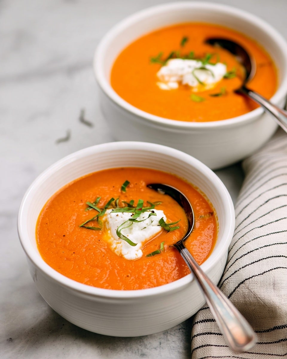 Two white bowls sit on a white marbled surface, each filled with thick, smooth orange soup. The soup has a creamy texture with a bright, rich orange shade. On top of the soup in the front bowl is a dollop of white, soft cheese and some thinly sliced green herbs sprinkled over. A shiny silver spoon rests inside the front bowl, partially dipped into the soup. A striped cloth napkin is placed next to the bowl in the foreground. Photo taken with an iphone --ar 4:5 --v 7