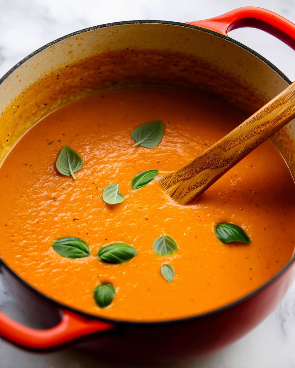 A close-up view of a thick orange soup with a smooth, slightly textured surface inside a red pot with a light tan interior. There is a wooden spoon partially dipped into the soup from the right side, showing the rich color and creamy consistency of the soup. Several small bright green basil leaves float on top, scattered unevenly across the soup's surface. The pot rests on a white marbled texture. photo taken with an iphone --ar 4:5 --v 7