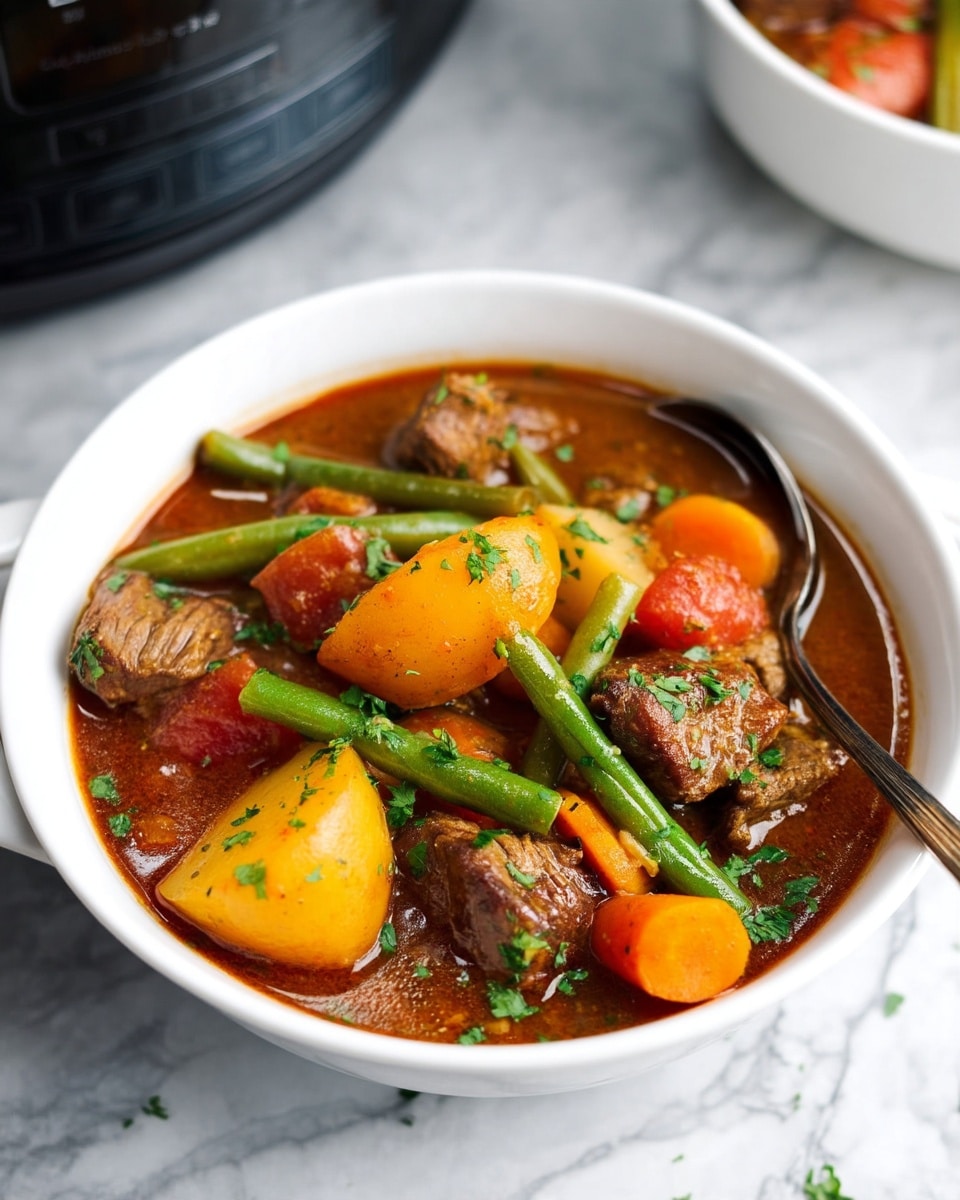 A white bowl filled with a rich beef stew showing a thick brown broth base. On top are large pieces of golden yellow potato, bright orange carrot slices, green beans, and tender chunks of browned beef mixed with bits of tomato. Fresh green parsley is sprinkled over the stew, adding a fresh touch. A silver spoon rests inside the bowl on the right side. The bowl sits on a white marbled surface with part of another bowl and a black slow cooker visible in the background. Photo taken with an iphone --ar 4:5 --v 7
