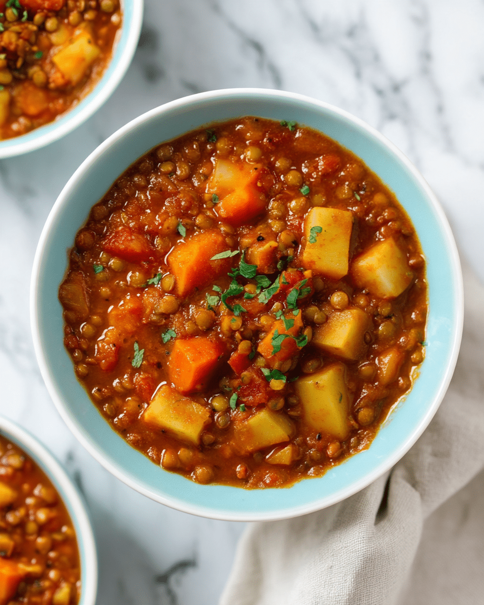 A close-up view of a bowl filled with a thick stew that has a rich reddish-brown sauce. The stew contains visible chunks of orange carrots, light yellow potatoes, small lentils, and bits of tomatoes, all mixed together. On top, there are small pieces of chopped green herbs scattered for garnish. The bowl is white with a light blue inside, sitting on a white marbled surface next to a plain white cloth. Part of another similar bowl is slightly visible at the bottom left of the image. photo taken with an iphone --ar 4:5 --v 7