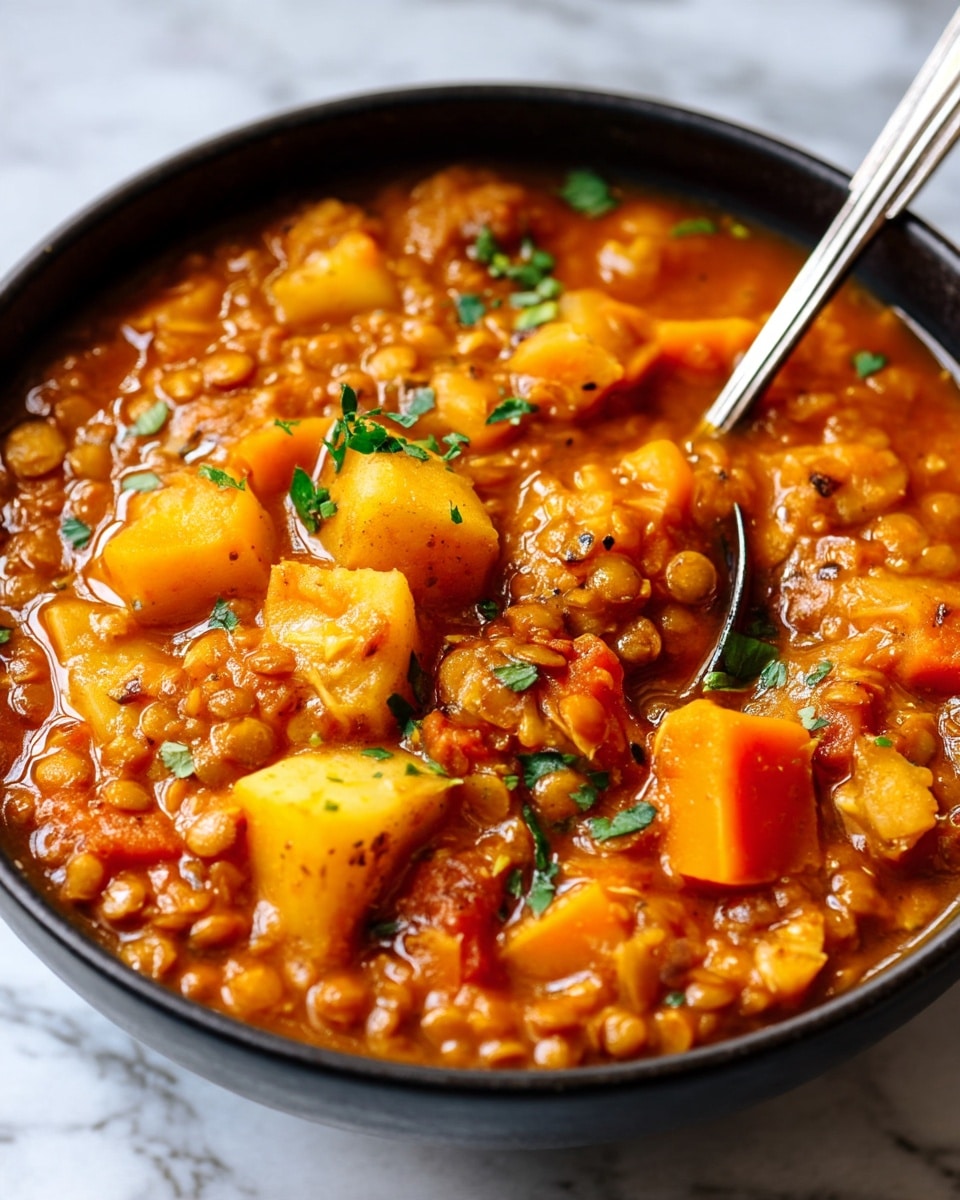 A close-up of a dark bowl filled with thick orange-brown lentil stew, containing visible chunks of orange sweet potato and lighter yellow potato. The stew has a shiny, slightly oily surface with small bits of fresh green herbs sprinkled on top. A silver spoon rests inside the bowl, partially submerged in the stew, showing its chunky texture and pieces of lentils and vegetables. The bowl is placed on a white marbled surface. Photo taken with an iphone --ar 4:5 --v 7