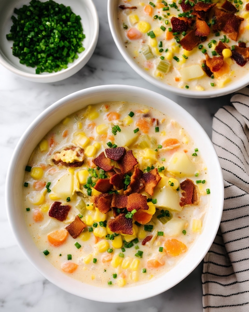 The image shows a white bowl filled with creamy corn chowder, in which yellow corn kernels, white potato chunks, orange carrot pieces, and translucent green celery bits are visible within a thick, pale creamy broth. On top, there are scattered dark brown crispy bacon pieces and chopped bright green chives. Behind the bowl, two smaller white bowls hold extra toppings: one with more green chives and the other with more crispy bacon pieces. The entire setup is placed on a white marbled surface next to a white napkin with black stripes. Photo taken with an iphone --ar 4:5 --v 7