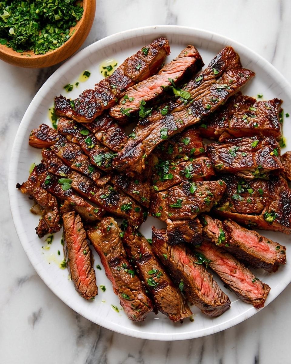A white plate holds many slices of grilled steak arranged in a scattered pile. The steak has a mix of dark brown, charred grill marks on the outside and pinkish red juicy interiors visible in the center of each slice. Small green herb bits are sprinkled over the meat. The plate rests on a white marbled surface, and a wooden bowl filled with more chopped herbs sits partially in the top left corner. Photo taken with an iphone --ar 4:5 --v 7