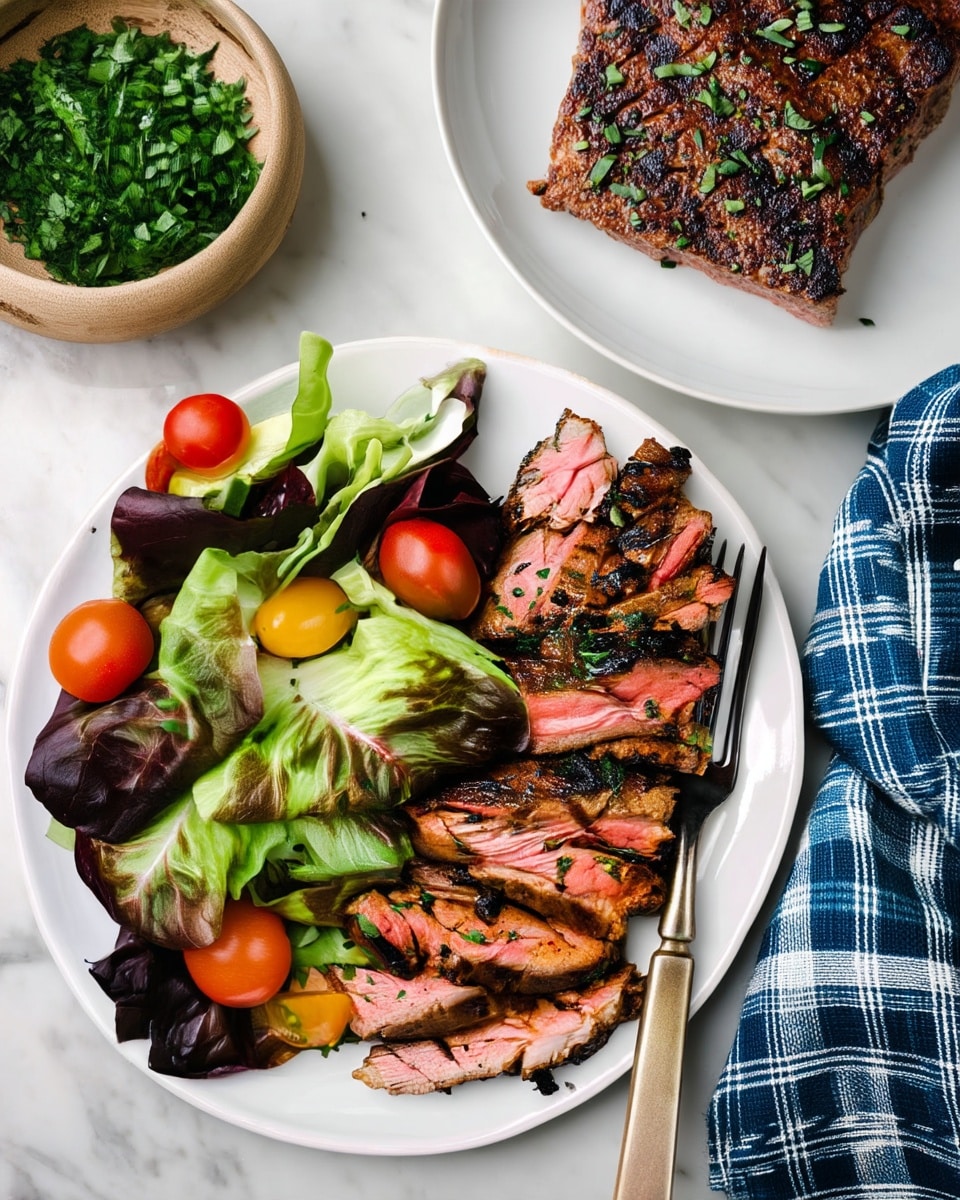 A white plate holds sliced grilled steak arranged in two rows on the right side, showing a pink center with a dark charred crust and sprinkled with green herbs, and fresh mixed leafy greens layered with red and yellow cherry tomatoes on the left side; a silver fork rests on the right edge of the plate. Nearby, a white plate also displays more sliced grilled steak, and a wooden bowl filled with chopped green herbs sits on a white marbled surface next to a blue checked napkin. Photo taken with an iphone --ar 4:5 --v 7
