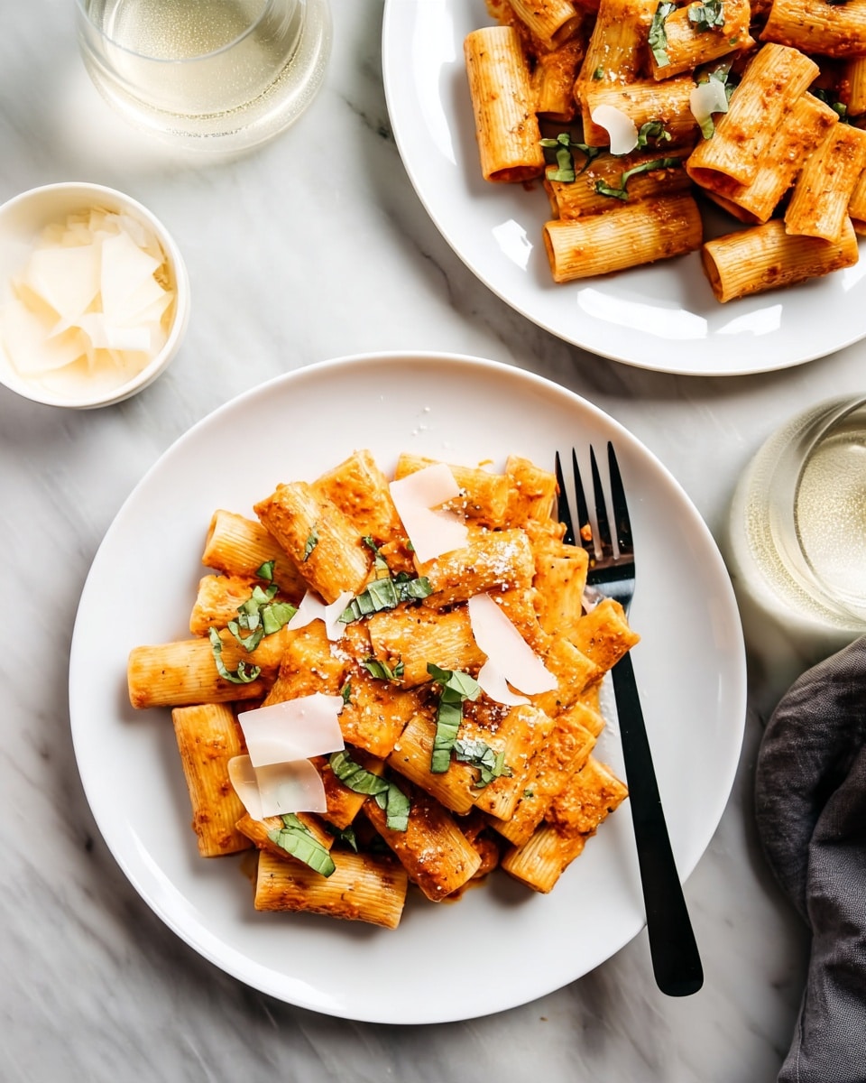 The image shows two white plates filled with rigatoni pasta coated in a creamy orange-red sauce. Each plate holds one layer of pasta pieces, arranged closely together and topped with thin, pale yellow cheese shavings and small strips of fresh green basil scattered unevenly. A black fork rests on the right side of the plate in the foreground. The plates are placed on a white marbled surface, with a small bowl of cheese shavings and a glass of white wine or water nearby. The lighting is soft, highlighting the textures of the sauce and cheese. photo taken with an iphone --ar 4:5 --v 7