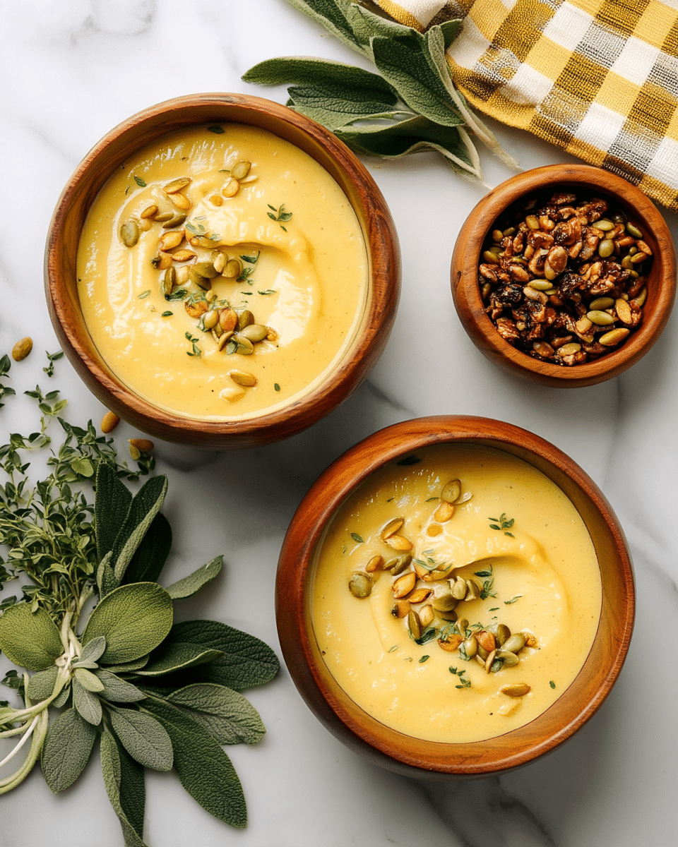 Two bowls of smooth yellow soup with a creamy texture sit on a white marbled surface. Each bowl is topped with a swirl of soup, sprinkled generously with toasted pumpkin seeds and small green herb leaves. One wooden bowl filled with the same toasted pumpkin seeds is placed next to the soup bowls. Fresh herbs with soft green leaves and a yellow, white, and brown checkered cloth napkin are also visible nearby, adding natural colors to the simple setting. photo taken with an iphone --ar 4:5 --v 7