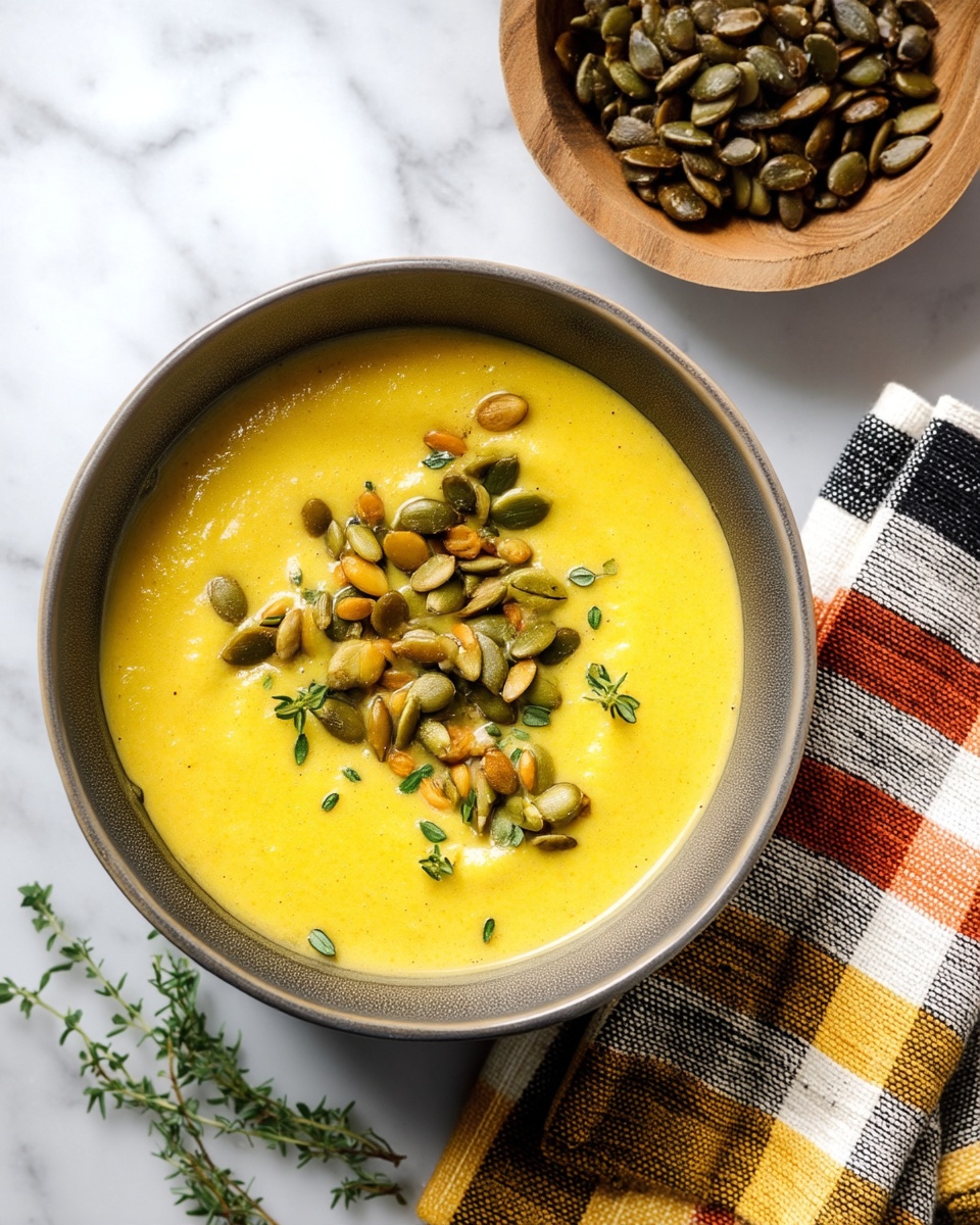 A smooth yellow soup fills a gray bowl, its creamy texture gently swirled on top. Scattered over the center are roasted pumpkin seeds, both green and light brown, adding a crunchy contrast. Tiny green herb leaves, possibly thyme, are sprinkled around the seeds, giving a fresh touch with small pops of color. The bowl sits on a white marbled surface next to a folded towel with orange, white, black, and yellow stripes. Nearby, a wooden bowl holds more pumpkin seeds. Photo taken with an iphone --ar 4:5 --v 7