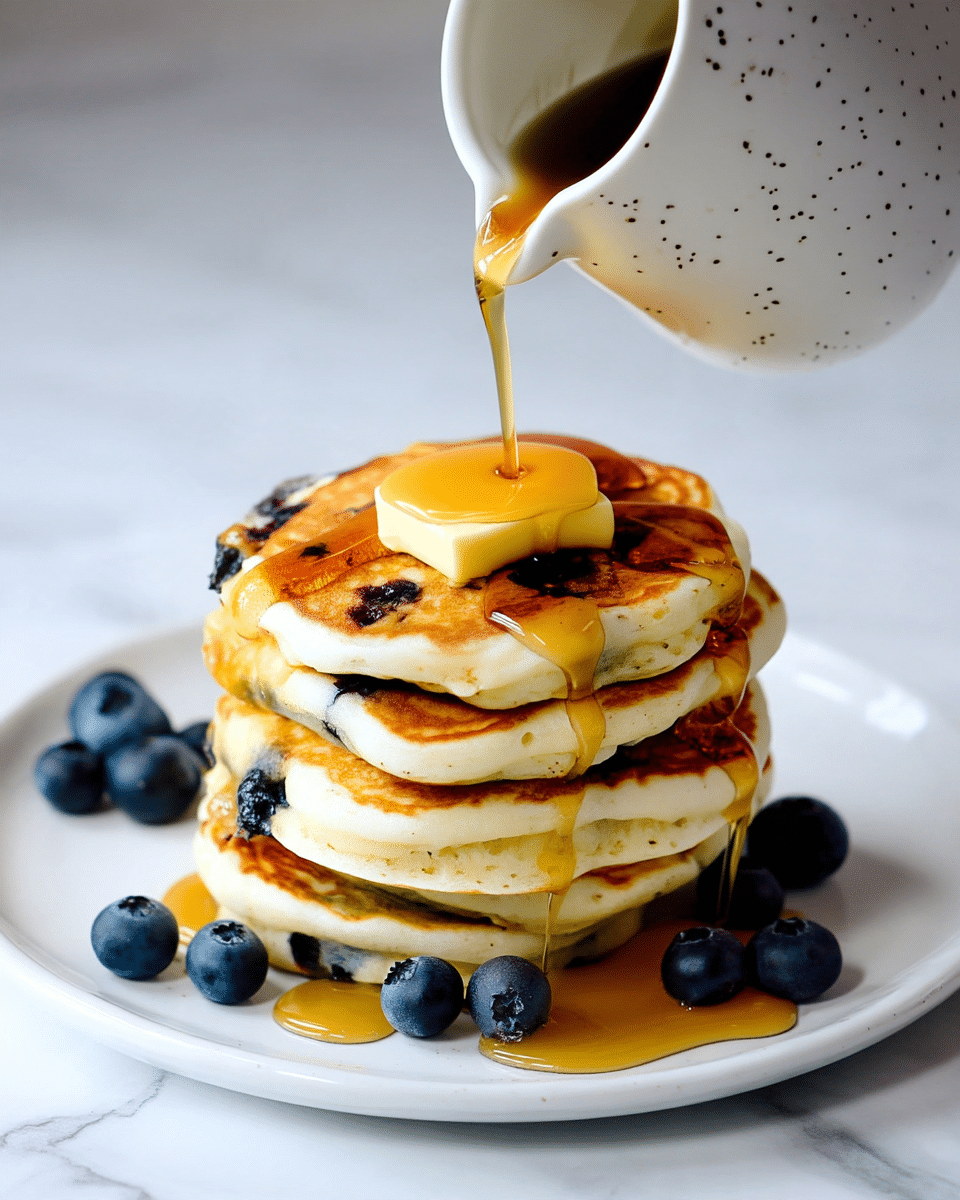 A stack of five fluffy golden brown pancakes with visible blueberries cooked inside them, placed in the center of a white plate. On top of the stack is a square slice of pale yellow butter melting slowly, while golden syrup is being poured from a white speckled ceramic pitcher, dripping down the sides of the pancakes and pooling on the plate. Fresh whole blueberries are scattered around the base of the stack. The plate sits on a white marbled surface. photo taken with an iphone --ar 4:5 --v 7