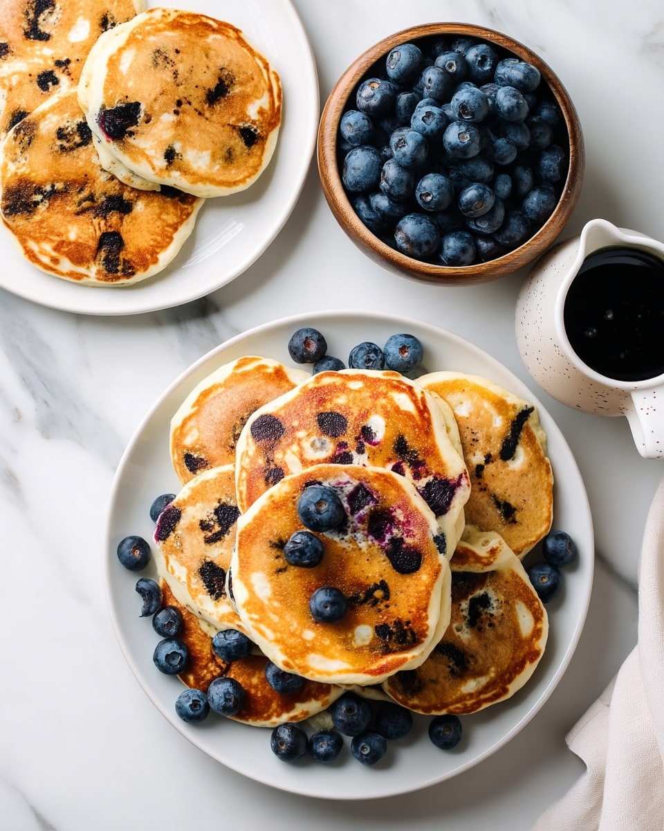 A stack of golden-brown blueberry pancakes fills a white plate, with about ten pancakes slightly overlapping each other, showing dark spots of cooked blueberries inside each pancake. Plump fresh blueberries are scattered on top and around the pancakes, adding a deep blue contrast. To the top left, there is part of another white plate with three similar blueberry pancakes. To the upper right, a small wooden bowl is full of fresh blueberries, and just below it is a white ceramic jug filled with black coffee. The entire setup is placed on a white marbled surface, lending a clean, bright look. photo taken with an iphone --ar 4:5 --v 7