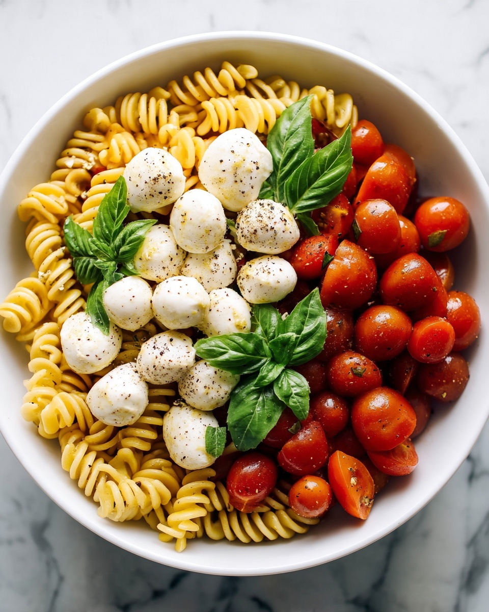 A white bowl filled with three main layers: the bottom layer is yellow spiral pasta with a firm texture, the middle layer contains bright red, halved cherry tomatoes scattered evenly, and the top layer features small white mozzarella balls and fresh green basil leaves. The dish is lightly sprinkled with coarse black pepper throughout, adding texture and contrast. The bowl sits on a white marbled surface. photo taken with an iphone --ar 4:5 --v 7