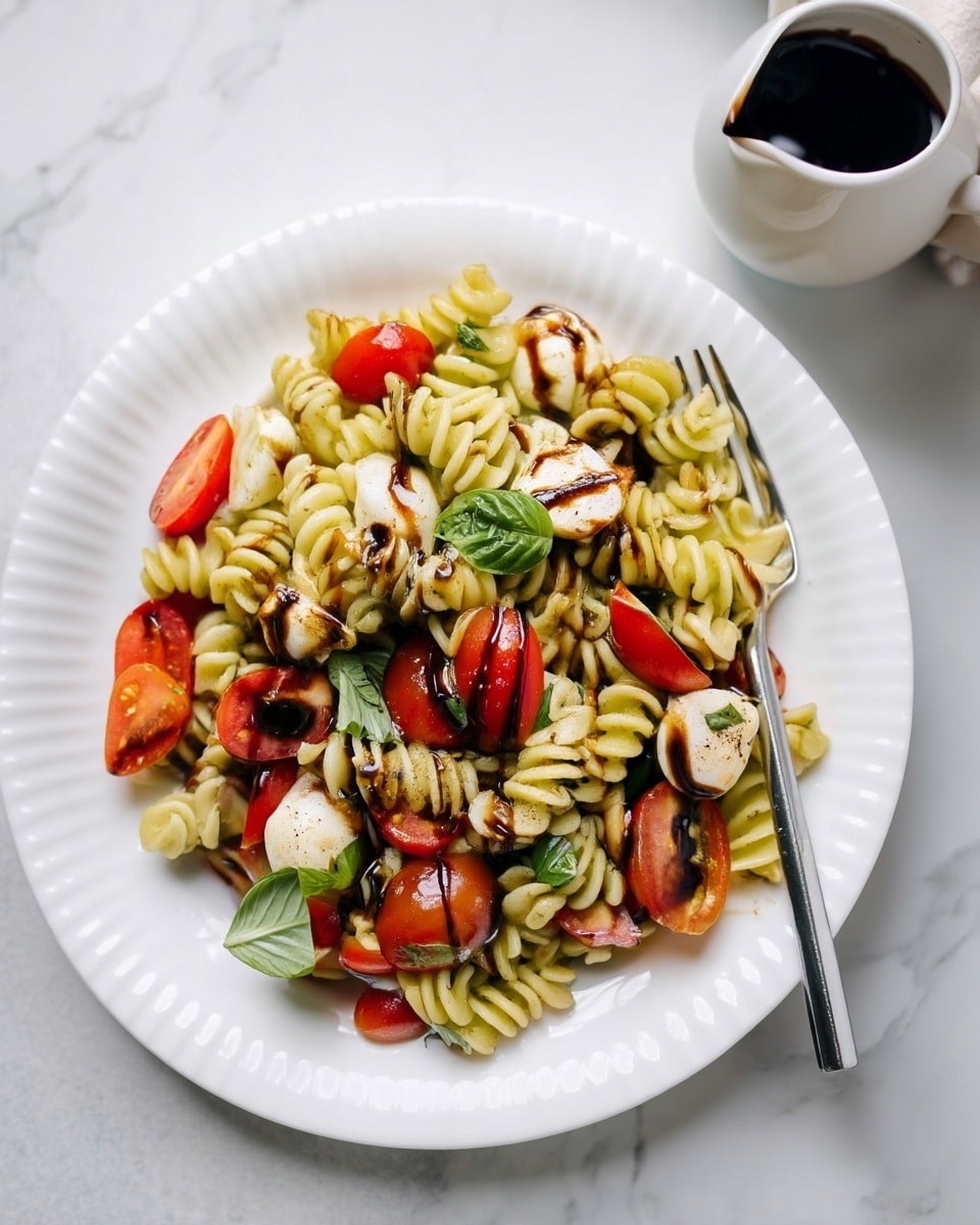 The dish is a pasta salad served on a white plate placed on a white marbled surface. The pasta used is rotini, pale yellow with green herb flecks, filling the plate as the base layer. Scattered throughout are halved cherry tomatoes showing bright red and shiny skins, and small white balls of mozzarella cheese. Fresh green basil leaves are spread on top for a fresh touch. Drizzled over the dish is a dark balsamic glaze creating thin, irregular lines. A silver fork rests on the right side edge of the plate. Near the plate, a white pitcher containing more balsamic glaze is partially visible. photo taken with an iphone --ar 4:5 --v 7