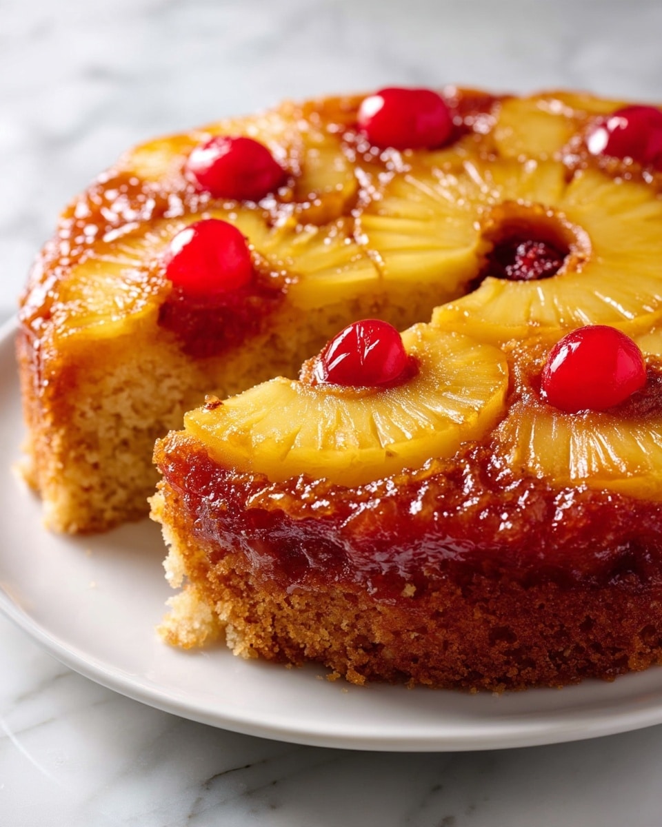 This close-up shows a pineapple upside-down cake with three visible layers: the top layer has shiny yellow pineapple rings with a glossy texture, each ring holding a bright red cherry at the center, the middle layer is a golden caramelized sugar glaze that looks sticky and rich, and the bottom layer is a light brown cake base with a soft, spongy texture, slightly visible where a slice has been taken out, all set on a white plate against a white marbled surface. photo taken with an iphone --ar 4:5 --v 7