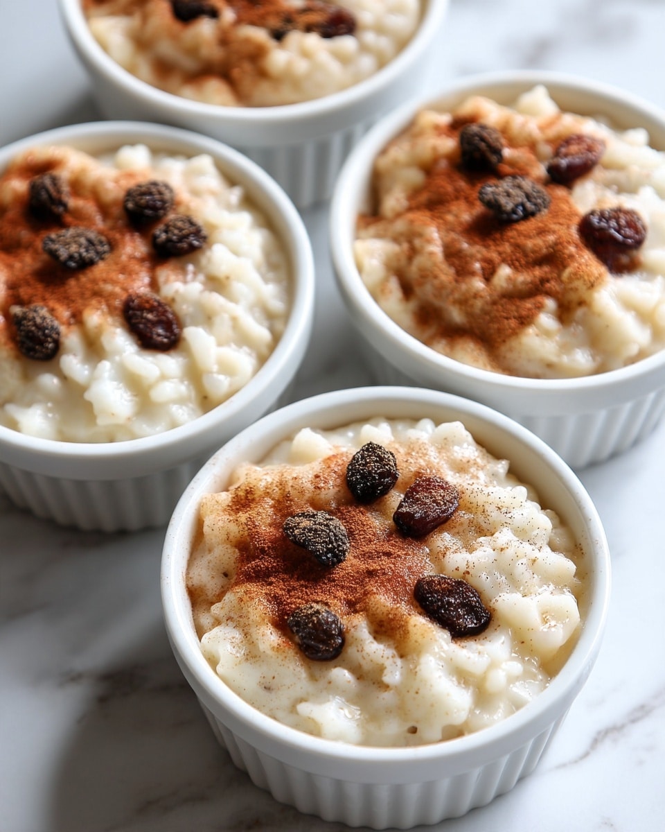 The image shows three small white ramekins filled with creamy rice pudding. Each ramekin has a thick layer of soft, slightly glossy white rice pudding topped with scattered dark brown raisins and a light brown dusting of cinnamon powder. The texture of the pudding looks soft and lumpy, while the raisins add a wrinkled texture on top. A golden spoon with brown powder sits on the left side on a white marbled surface. Part of a small white bowl of raisins is visible on the right side. photo taken with an iphone --ar 4:5 --v 7