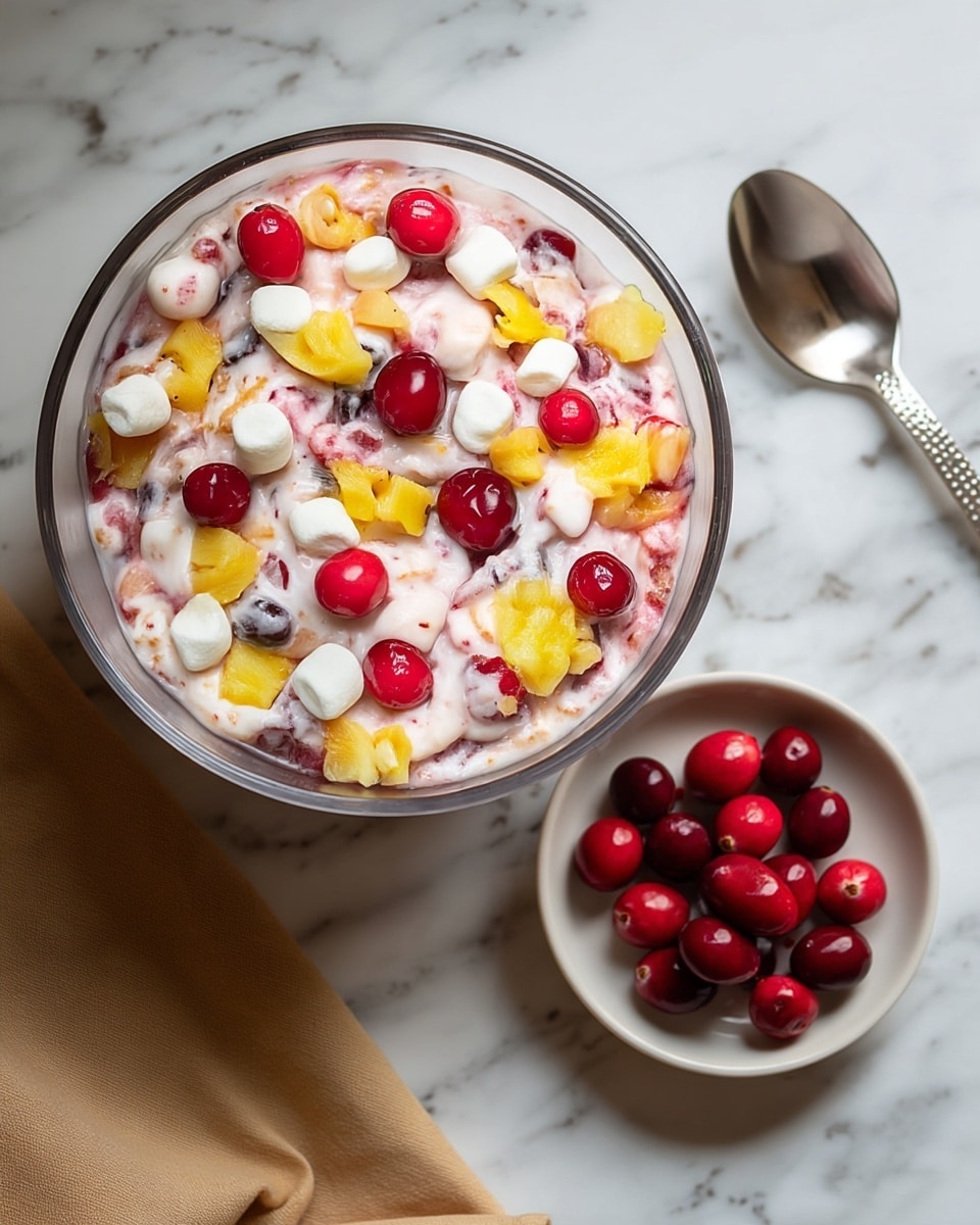 A clear glass bowl filled with a creamy, mixed fruit salad showing a textured pinkish-white base, dotted with whole bright red cranberries, small white marshmallows, and chunks of yellow pineapple scattered evenly on top. Next to the bowl is a small round white plate with additional shiny red cranberries. A silver spoon with a dotted handle lies on a white marbled surface next to the bowl, and a beige cloth is partially visible at the bottom left of the image. photo taken with an iphone --ar 4:5 --v 7