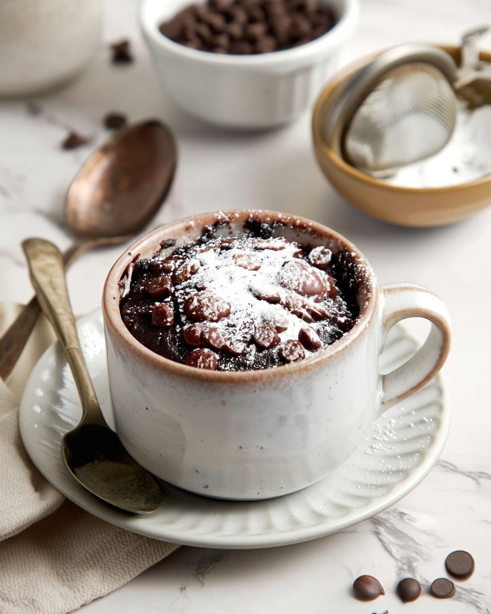 A white ceramic cup filled with a dark, moist chocolate mug cake topped with a layer of scattered chocolate chips and a dusting of powdered sugar in the center. The cup sits on a white saucer with a subtle ridged texture around the edge, placed on a white marbled surface. To the left, there is a vintage bronze spoon partly resting on a beige cloth napkin. In the background, a speckled white bowl with chocolate chips and a white bowl holding powdered sugar with a metal sieve lean inside it. Some chocolate chips are also scattered on the marbled surface around the cup. Photo taken with an iphone --ar 4:5 --v 7